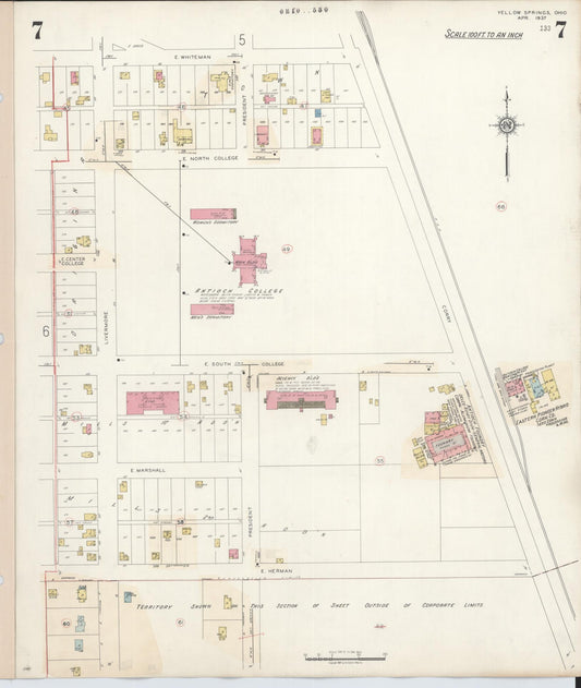 Sanborn Fire Insurance Map from Yellow Springs, Greene County, Ohio (1945), Sheet #0007 - Historic Sanborn Fire Insurance Map Print, vintage old map wall art, antique decor, genealogy gift, Ohio Ohio map