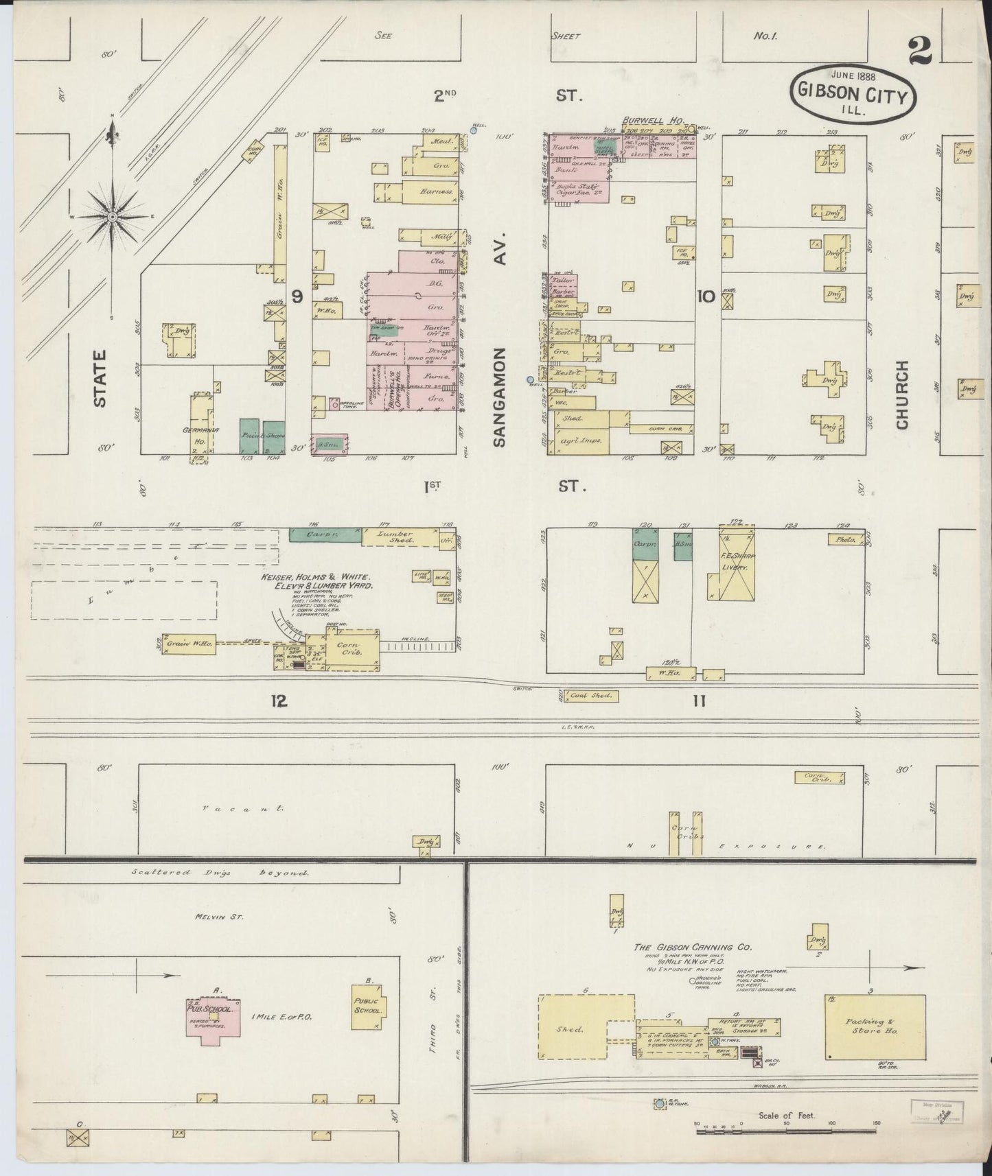 Sanborn Fire Insurance Map from Gibson City, Ford County, Illinois (1888), Sheet #0002 - Complete Map Set gallery image, historic Sanborn map, vintage wall art, Illinois Illinois