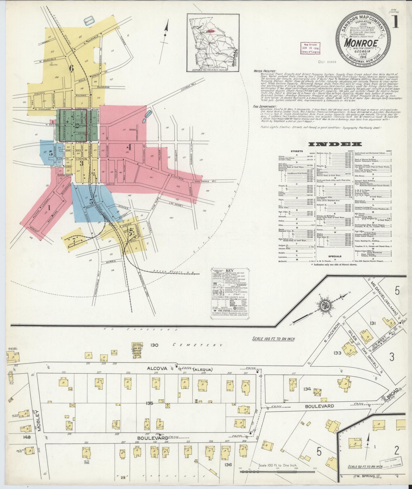 Sanborn Fire Insurance Map from Monroe, Walton County, Georgia. (1916) – Historic Sanborn Fire Insurance Map Print