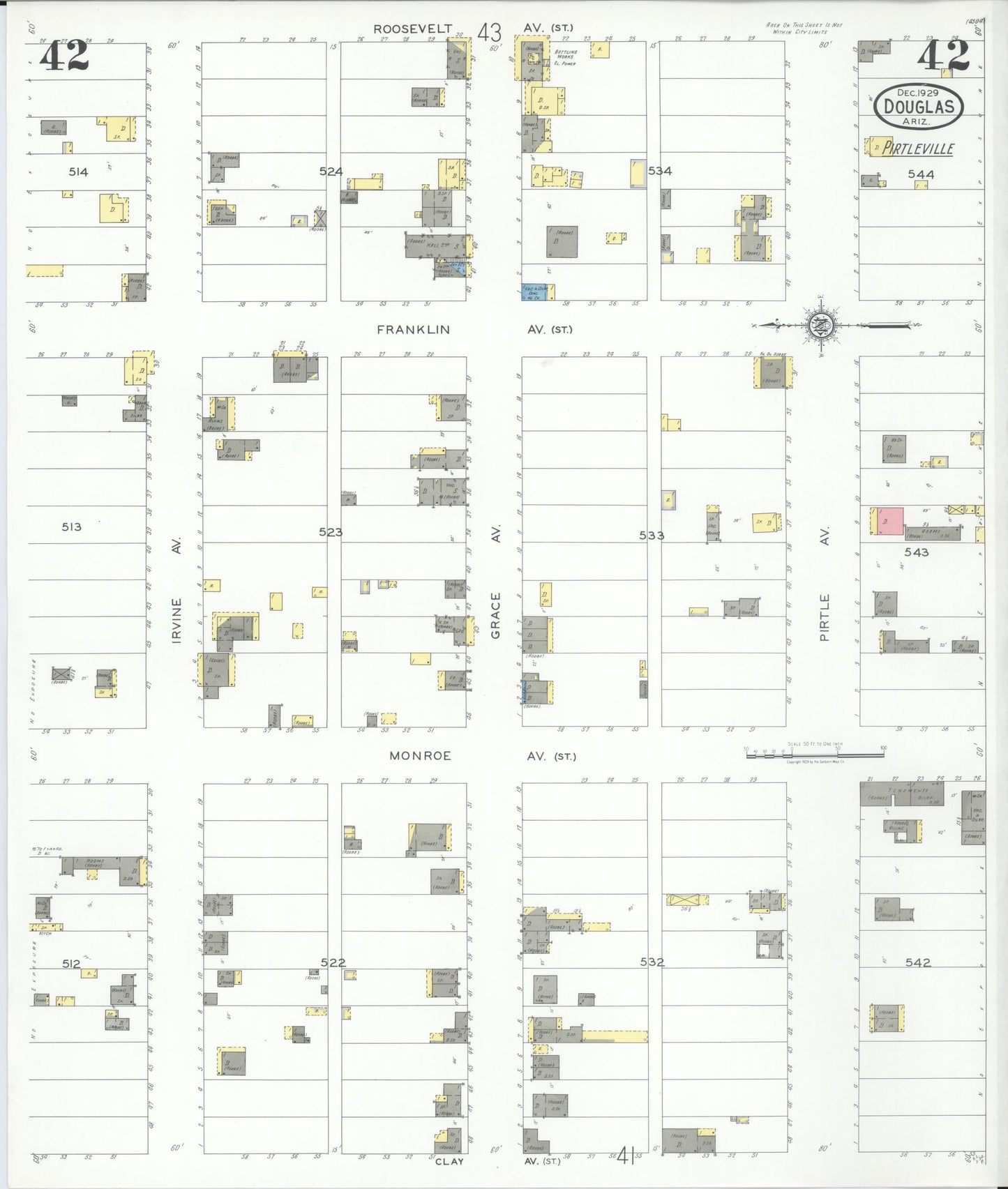 Sanborn Fire Insurance Map from Douglas, Cochise County, Arizona (1929), Sheet #0042 - Complete Map Set gallery image, historic Sanborn map, vintage wall art, Arizona Arizona