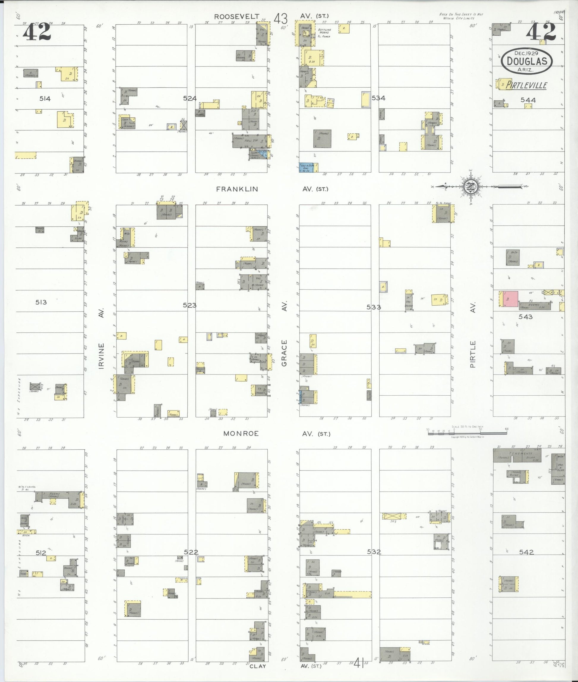 Sanborn Fire Insurance Map from Douglas, Cochise County, Arizona (1929), Sheet #0042 - Complete Map Set gallery image, historic Sanborn map, vintage wall art, Arizona Arizona