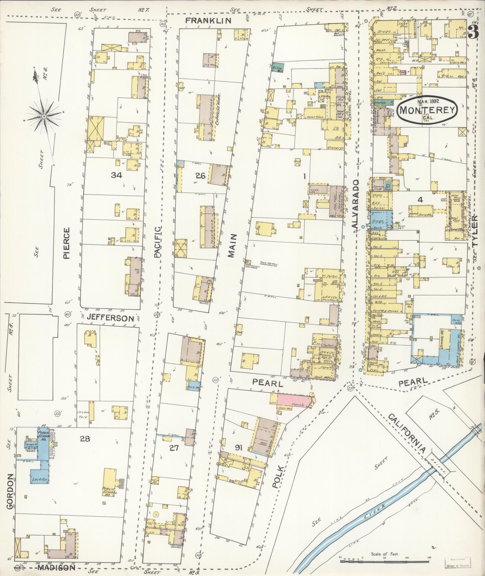 Sanborn Fire Insurance Map from Monterey, Monterey County, California (1892), Sheet #0003 - Complete Map Set gallery image, historic Sanborn map, vintage wall art, California California