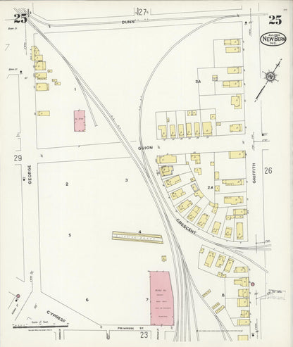 Sanborn Fire Insurance Map from New Bern, Craven County, North Carolina (1924), Sheet #0025 - Historic Sanborn Fire Insurance Map Print, vintage old map wall art, antique decor, genealogy gift, North Carolina North Carolina map