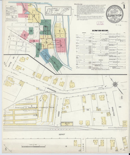 Sanborn Fire Insurance Map from Elizabethton, Carter County, Tennessee (1913), Sheet #0001 - Historic Sanborn Fire Insurance Map Print, vintage old map wall art, antique decor, genealogy gift, Tennessee Tennessee map