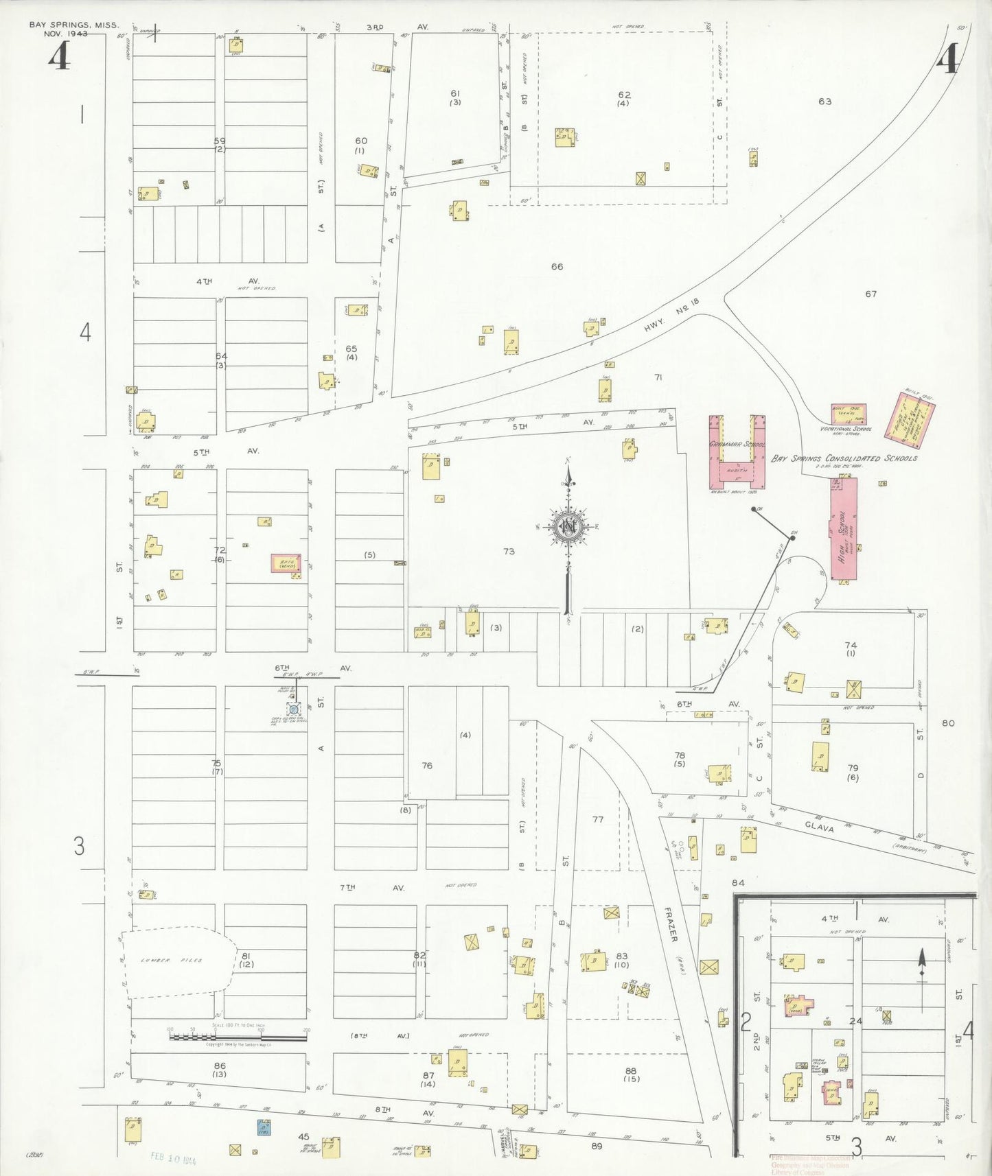 Sanborn Fire Insurance Map from Bay Springs, Jasper County, Mississippi (1943), Sheet #0004 - Complete Map Set gallery image, historic Sanborn map, vintage wall art, Mississippi Mississippi