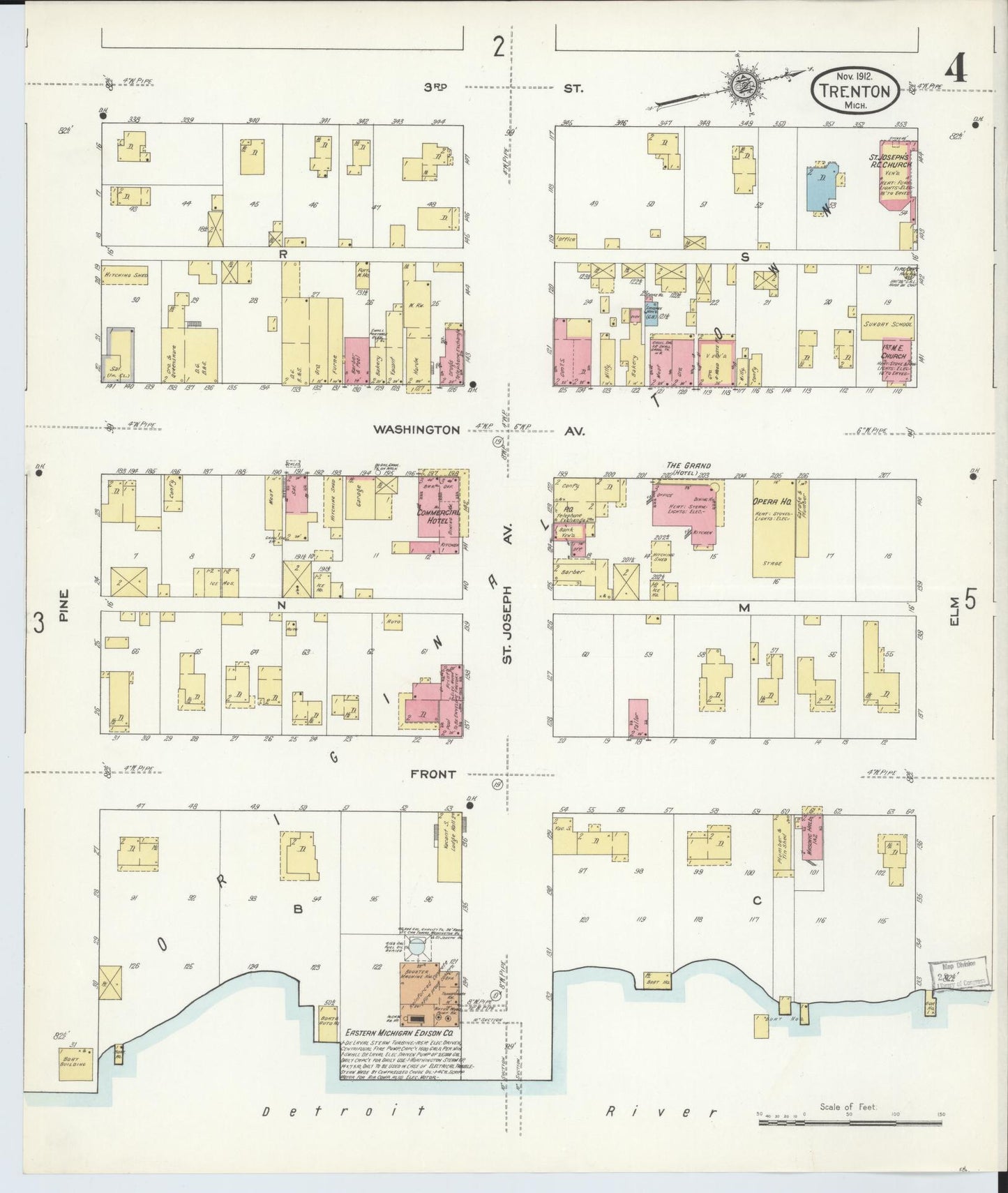 Sanborn Fire Insurance Map from Trenton, Wayne County, Michigan (1912), Sheet #0004 - Historic Sanborn Fire Insurance Map Print, vintage old map wall art, antique decor, genealogy gift, Michigan Michigan map
