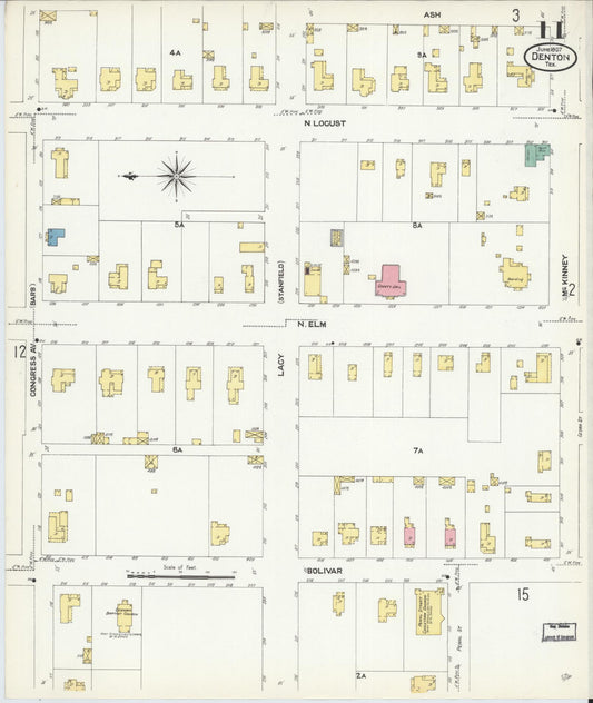 Sanborn Fire Insurance Map from Denton, Denton County, Texas (1907), Sheet #0011 - Historic Sanborn Fire Insurance Map Print, vintage old map wall art, antique decor, genealogy gift, Texas Texas map