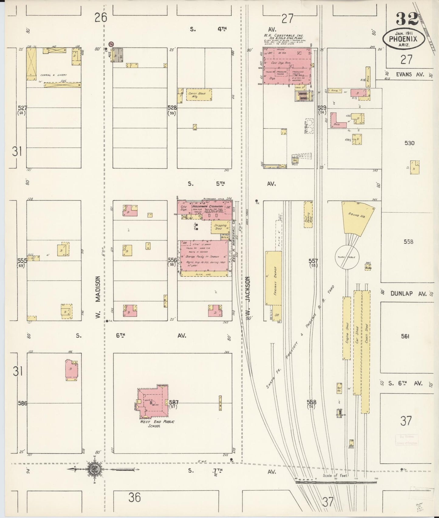 Sanborn Fire Insurance Map from Phoenix, Maricopa County, Arizona (1911), Sheet #0032 - Historic Sanborn Fire Insurance Map Print, vintage old map wall art, antique decor, genealogy gift, Arizona Arizona map