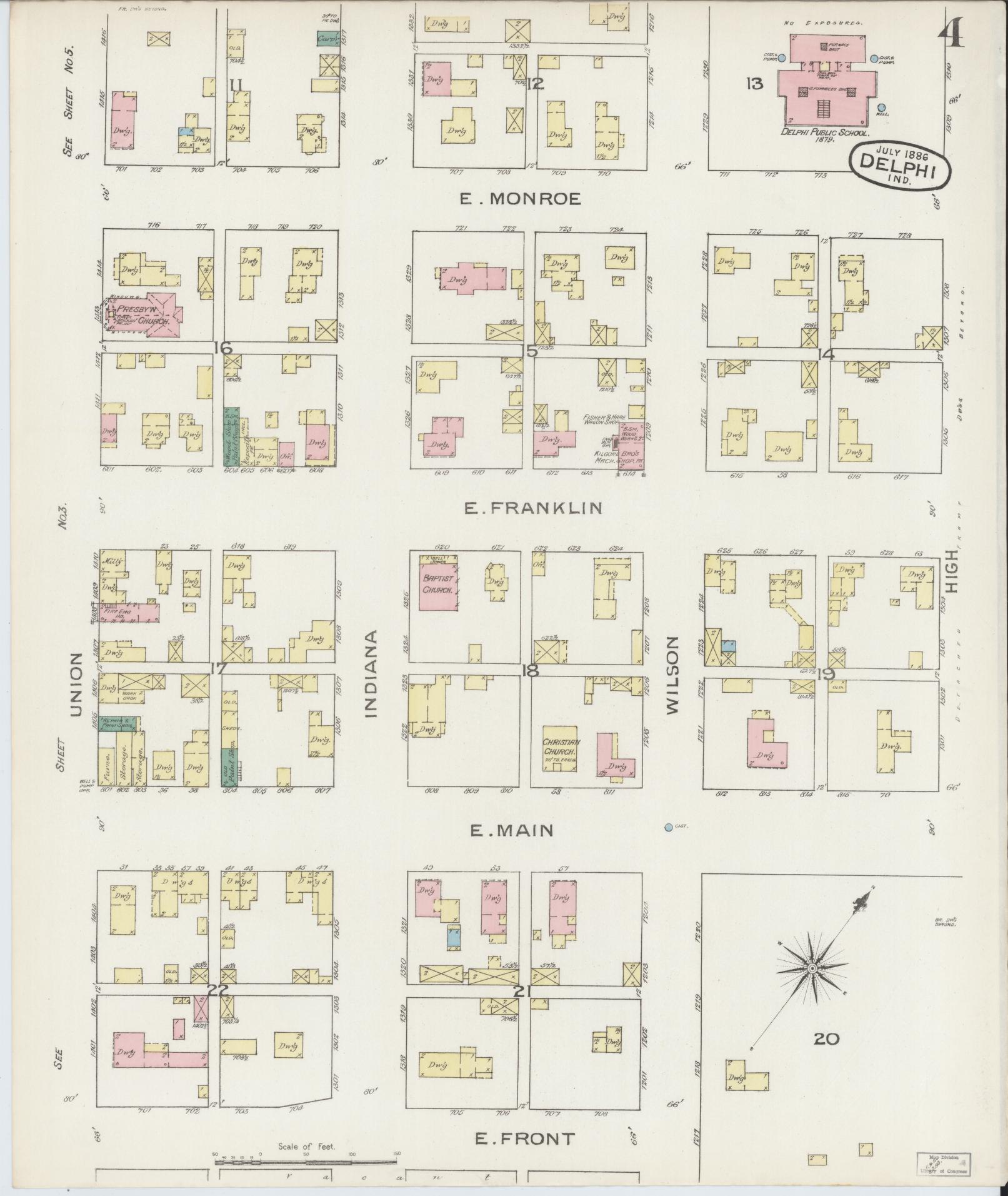 Sanborn Fire Insurance Map from Delphi, Carroll County, Indiana (1886), Sheet #0004 - Historic Sanborn Fire Insurance Map Print, vintage old map wall art, antique decor, genealogy gift, Indiana Indiana map