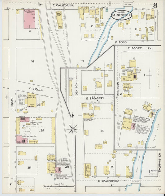 Sanborn Fire Insurance Map from Gainesville, Cooke County, Texas (1892), Sheet #0008 - Historic Sanborn Fire Insurance Map Print, vintage old map wall art, antique decor, genealogy gift, Texas Texas map
