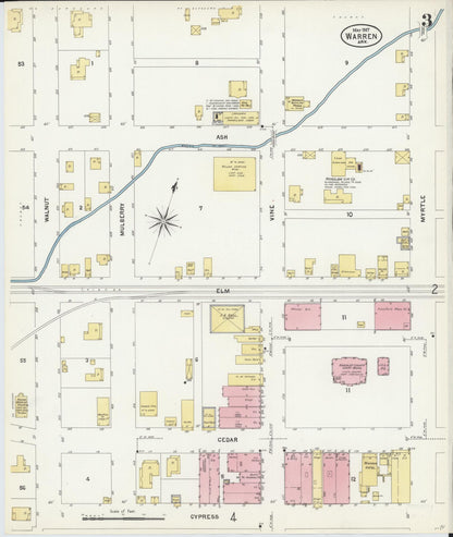 Sanborn Fire Insurance Map from Warren, Bradley County, Arkansas (1907), Sheet #0003 - Complete Map Set gallery image, historic Sanborn map, vintage wall art, Arkansas Arkansas