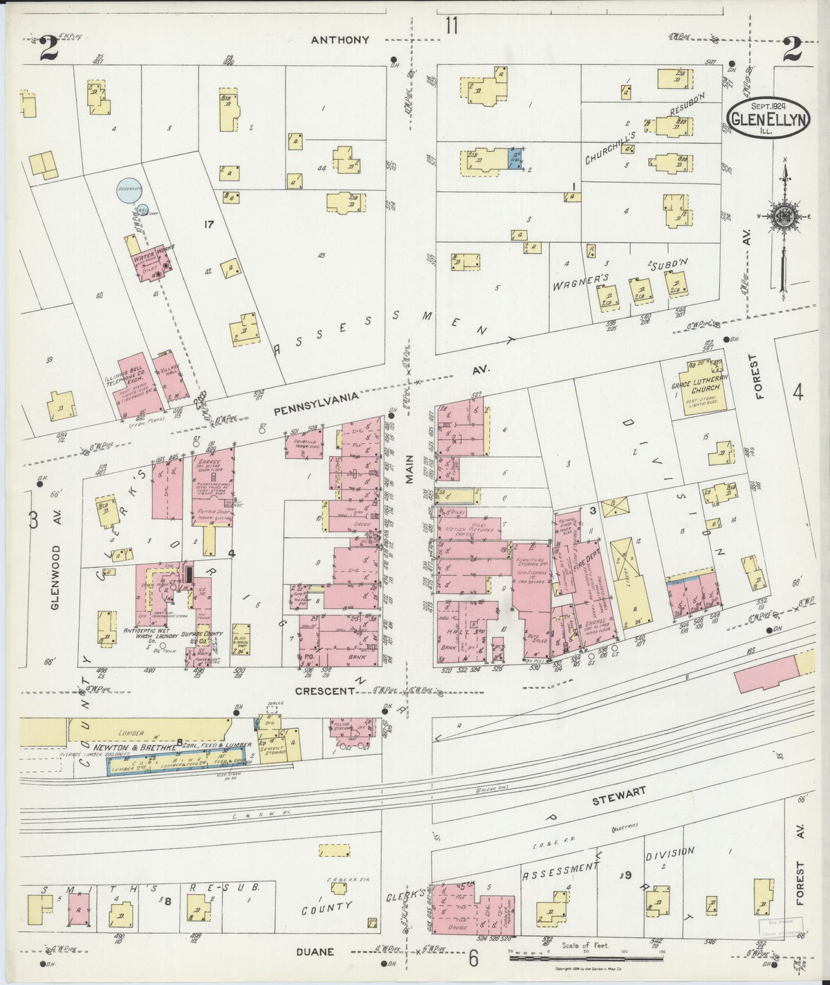 Sanborn Fire Insurance Map from Glen Ellyn, Du Page County, Illinois (1924), Sheet #0002 - Historic Sanborn Fire Insurance Map Print, vintage old map wall art, antique decor, genealogy gift, Illinois Illinois map