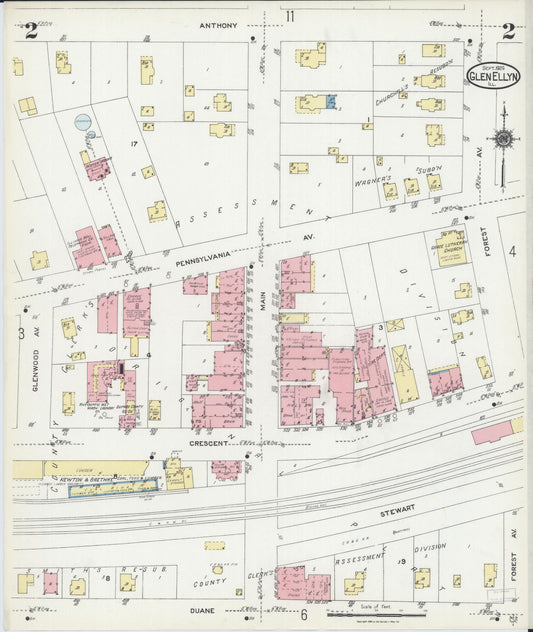 Sanborn Fire Insurance Map from Glen Ellyn, Du Page County, Illinois (1924), Sheet #0002 - Historic Sanborn Fire Insurance Map Print, vintage old map wall art, antique decor, genealogy gift, Illinois Illinois map