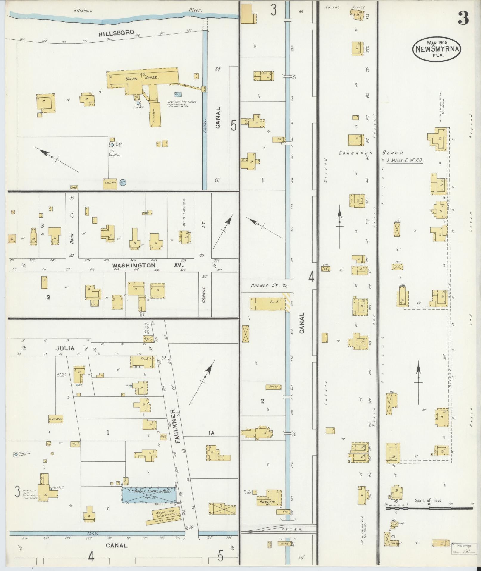 Sanborn Fire Insurance Map from New Smyrna, Valusia County, Florida (1906), Sheet #0003 - Historic Sanborn Fire Insurance Map Print, vintage old map wall art, antique decor, genealogy gift, Florida Florida map