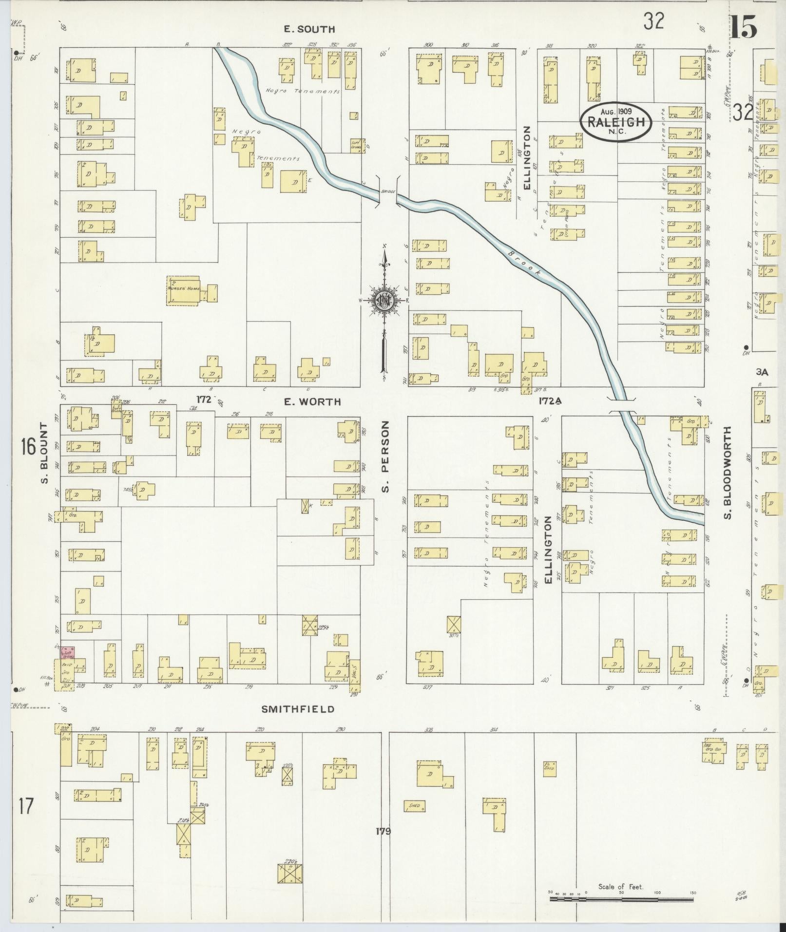 Sanborn Fire Insurance Map from Raleigh, Wake County, North Carolina (1909), Sheet #0015 - Historic Sanborn Fire Insurance Map Print, vintage old map wall art, antique decor, genealogy gift, North Carolina North Carolina map