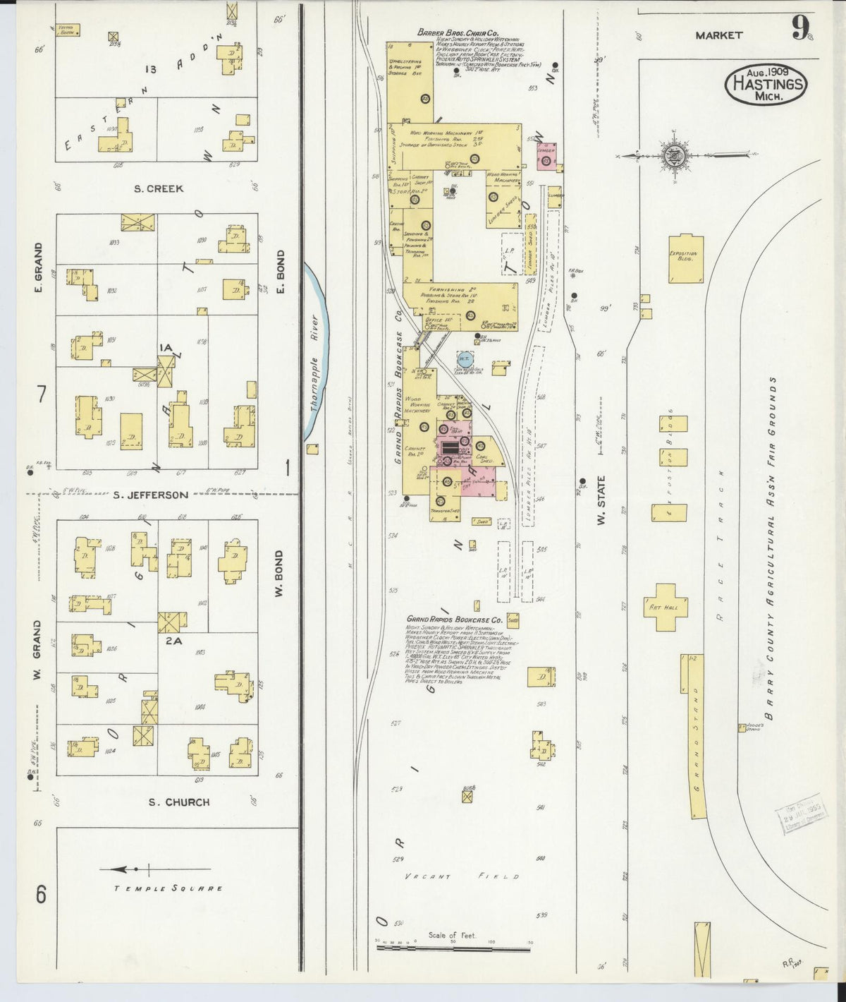 Sanborn Fire Insurance Map from Hastings, Barry County, Michigan (1909), Sheet #0009 - Historic Sanborn Fire Insurance Map Print, vintage old map wall art, antique decor, genealogy gift, Michigan Michigan map