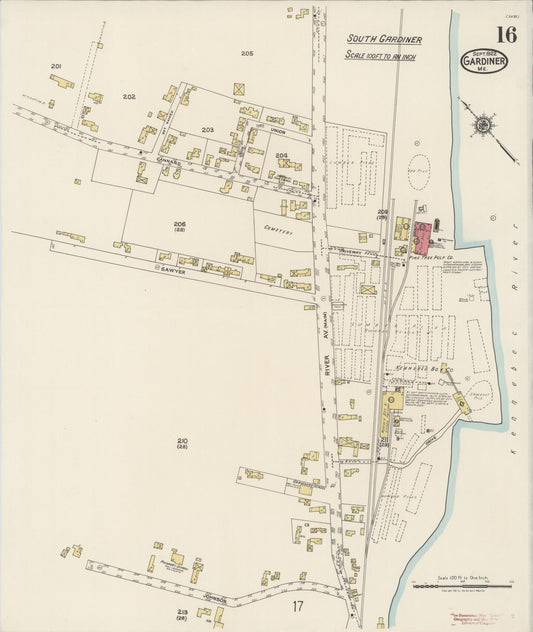 Sanborn Fire Insurance Map from Gardiner, Kennebec County, Maine (1922), Sheet #0016 - Historic Sanborn Fire Insurance Map Print, vintage old map wall art, antique decor, genealogy gift, Maine Maine map