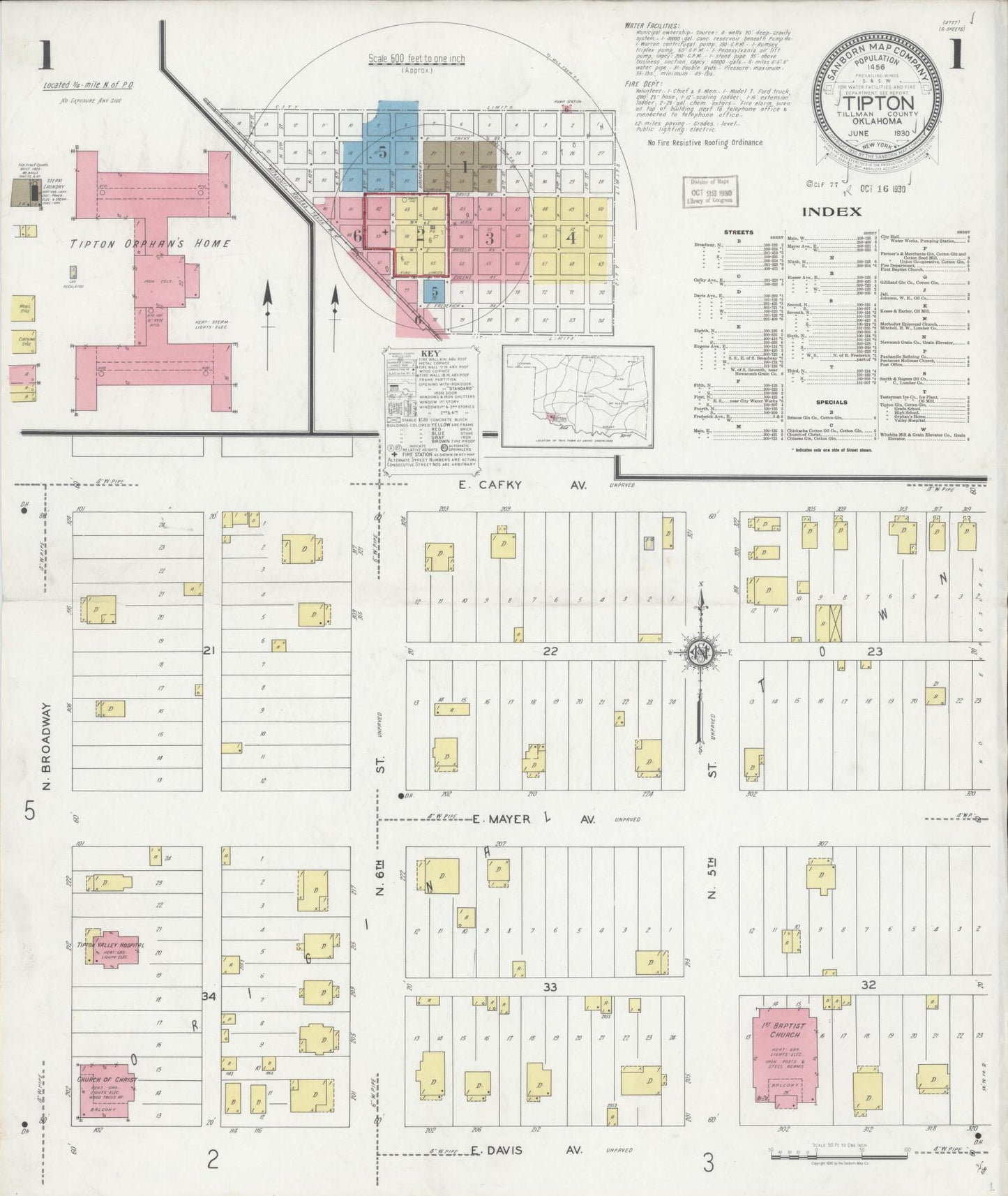 Sanborn Fire Insurance Map from Tipton, Tillman County, Oklahoma (1930), Sheet #0001 - Complete Map Set gallery image, historic Sanborn map, vintage wall art, Oklahoma Oklahoma