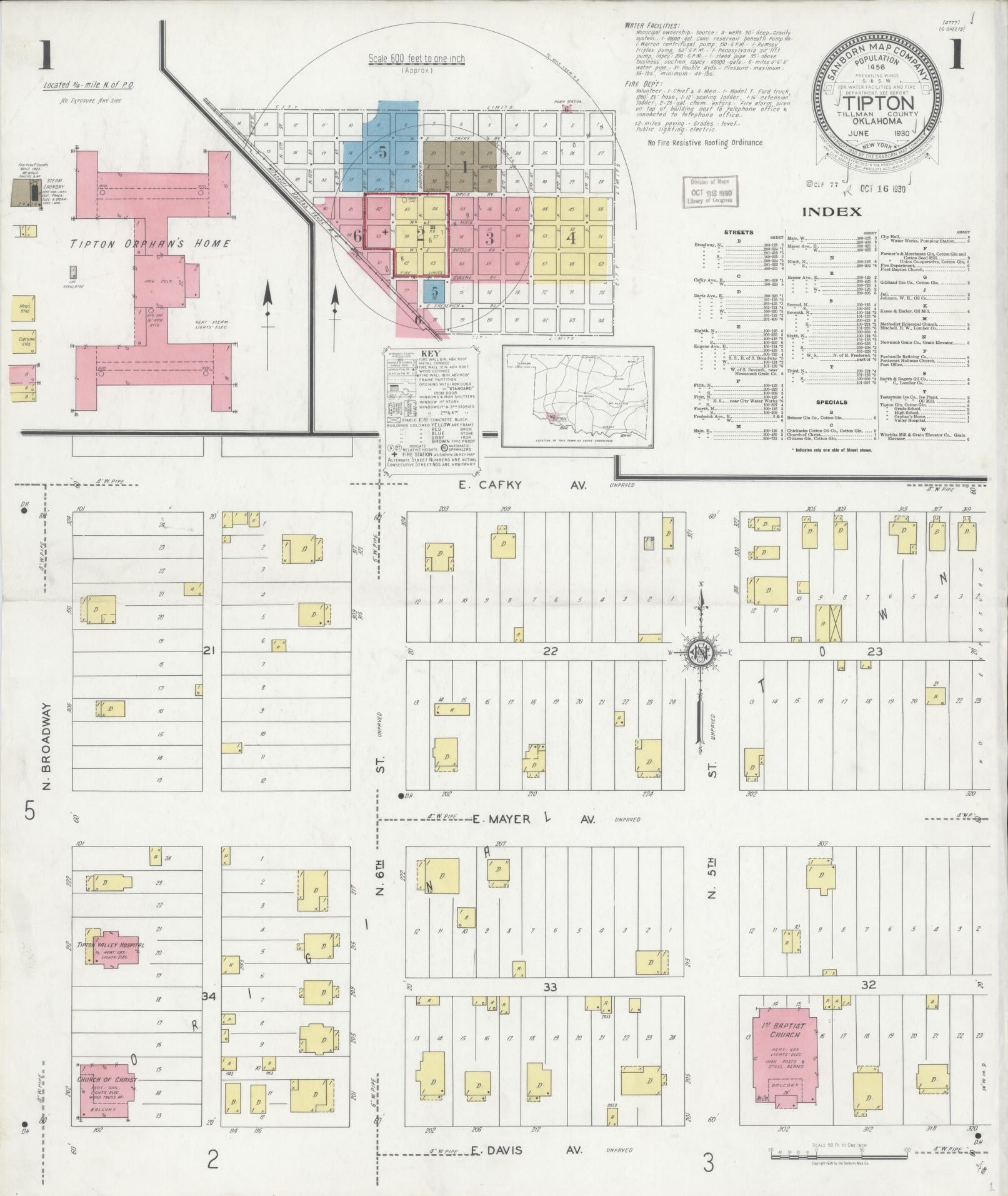 Sanborn Fire Insurance Map from Tipton, Tillman County, Oklahoma (1930), Sheet #0001 - Complete Map Set gallery image, historic Sanborn map, vintage wall art, Oklahoma Oklahoma