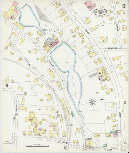 Sanborn Fire Insurance Map from Spencer, Worcester County, Massachusetts (1896), Sheet #0005 - Historic Sanborn Fire Insurance Map Print, vintage old map wall art, antique decor, genealogy gift, Massachusetts Massachusetts map