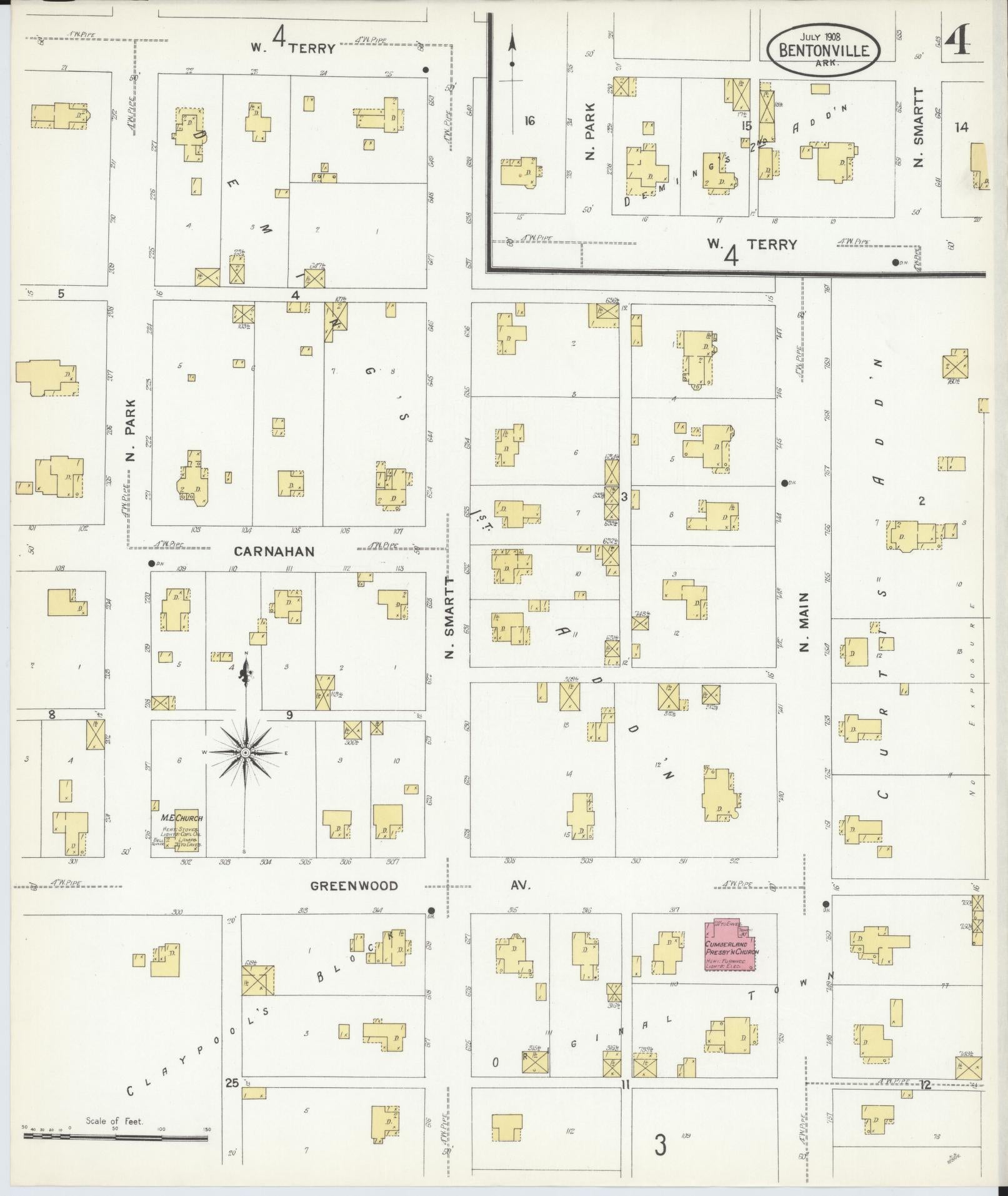 Sanborn Fire Insurance Map from Bentonville, Benton County, Arkansas (1908), Sheet #0004 - Historic Sanborn Fire Insurance Map Print, vintage old map wall art, antique decor, genealogy gift, Arkansas Arkansas map