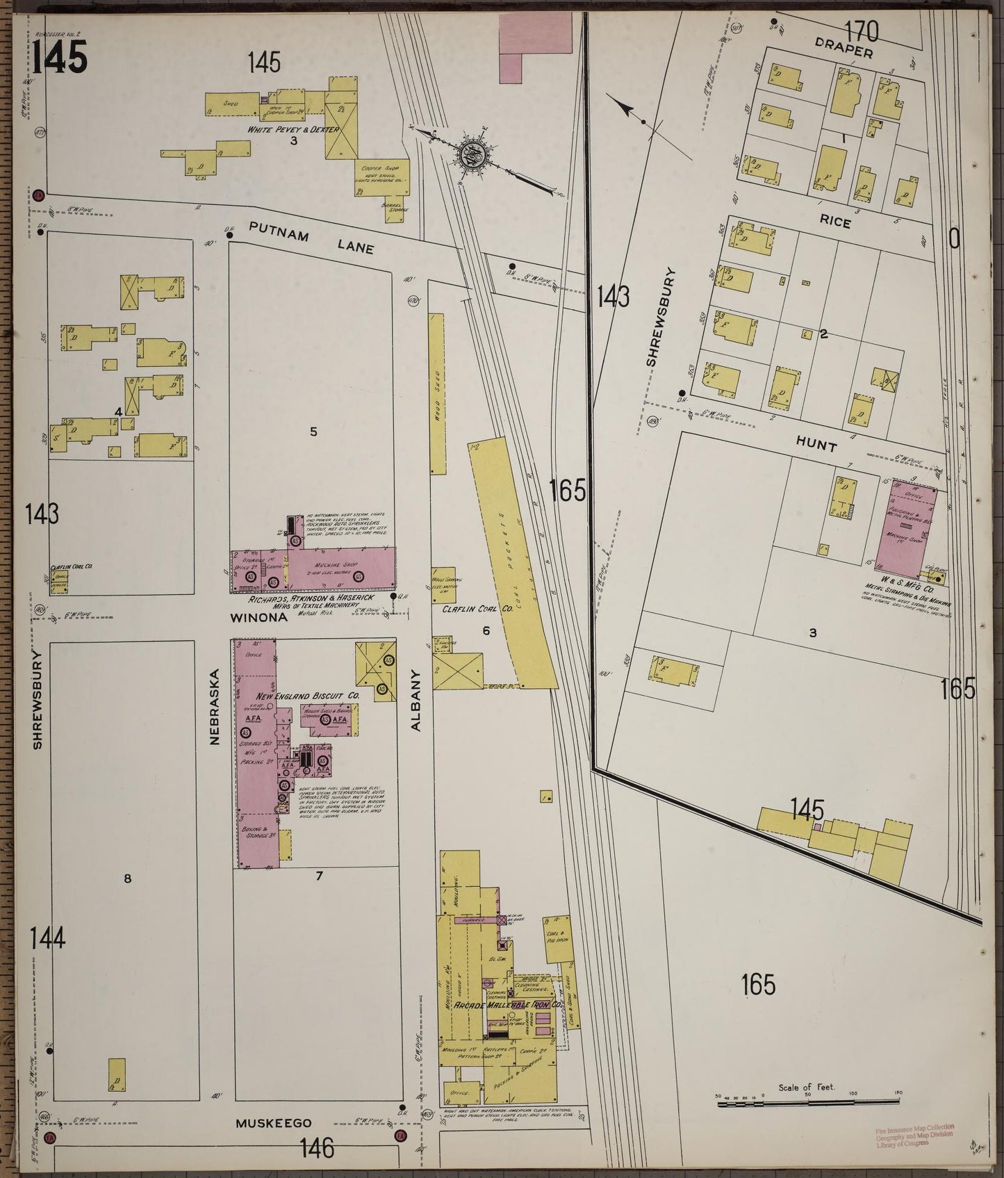 Sanborn Fire Insurance Map from Worcester, Worcester County, Massachusetts (1910), Sheet #0145 - Complete Map Set gallery image, historic Sanborn map, vintage wall art, Massachusetts Massachusetts