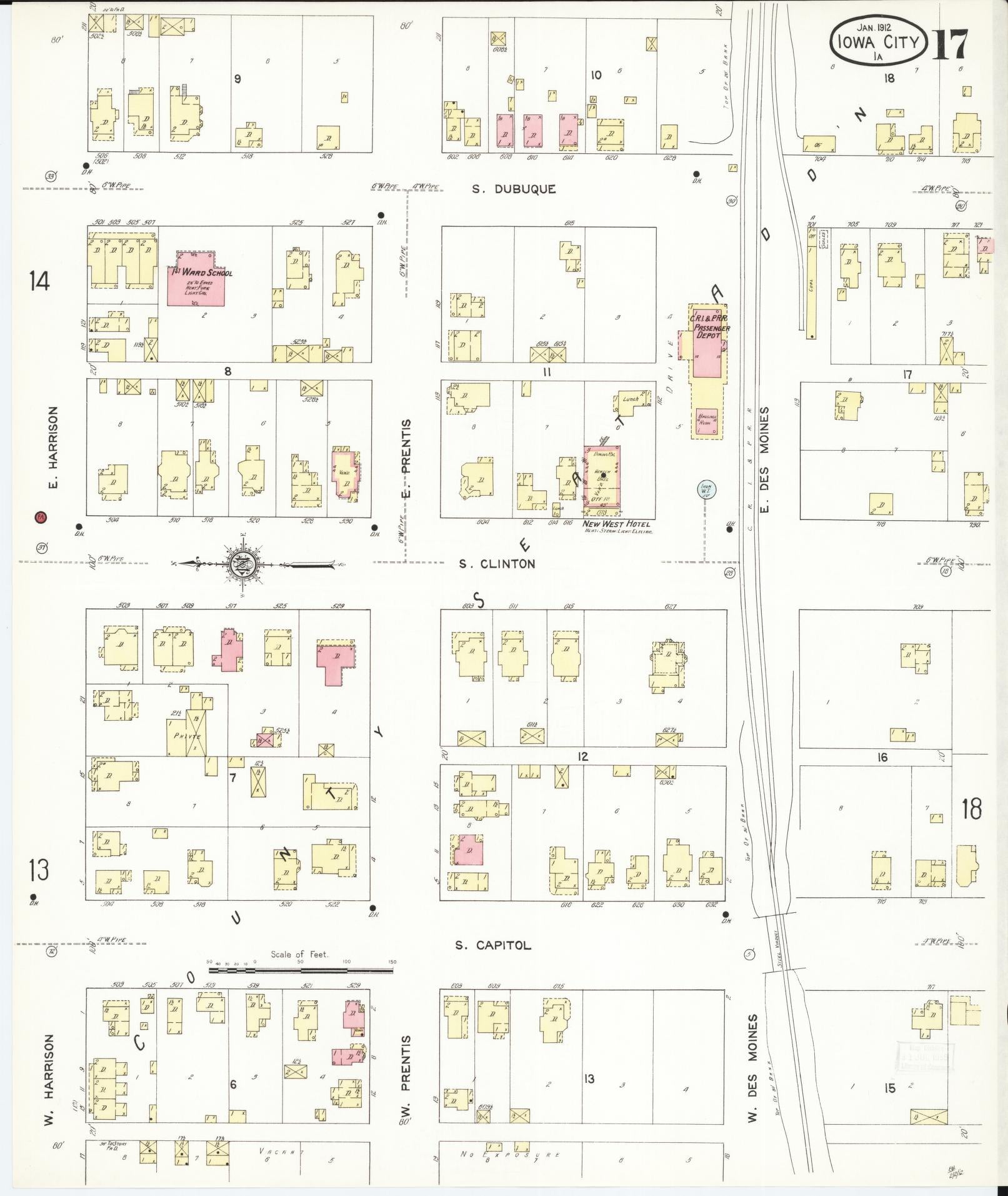 Sanborn Fire Insurance Map from Iowa City, Johnson County, Iowa (1912), Sheet #0017 - Historic Sanborn Fire Insurance Map Print, vintage old map wall art
