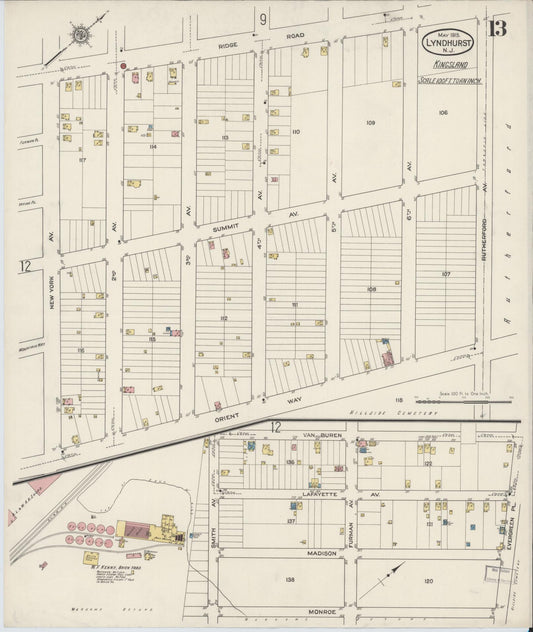 Sanborn Fire Insurance Map from Lyndhurst, Bergen County, New Jersey (1915), Sheet #0013 - Historic Sanborn Fire Insurance Map Print, vintage old map wall art, antique decor, genealogy gift, New Jersey New Jersey map