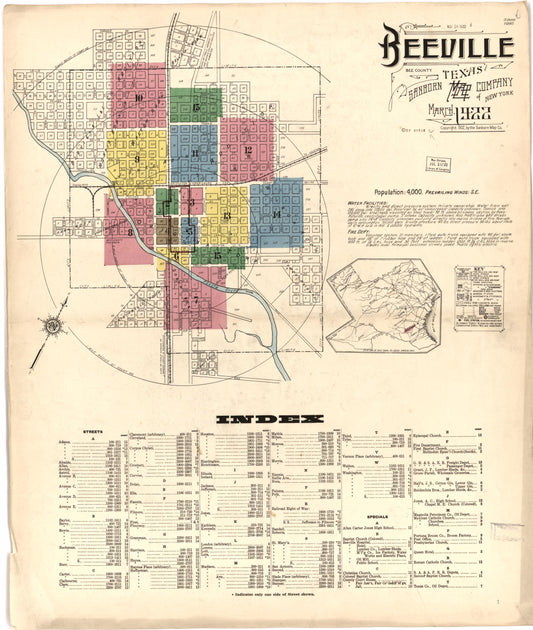 Sanborn Fire Insurance Map from Beeville, Bee County, Texas (1922), Sheet #0001 - Historic Sanborn Fire Insurance Map Print, vintage old map wall art, antique decor, genealogy gift, Texas Texas map