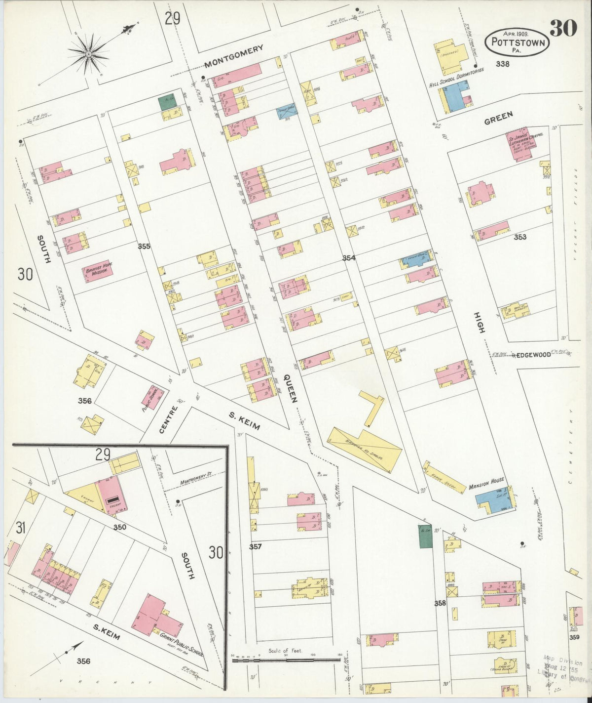 Sanborn Fire Insurance Map from Pottstown, Montgomery County, Pennsylvania (1909), Sheet #0030 - Historic Sanborn Fire Insurance Map Print, vintage old map wall art, antique decor, genealogy gift, Pennsylvania Pennsylvania map