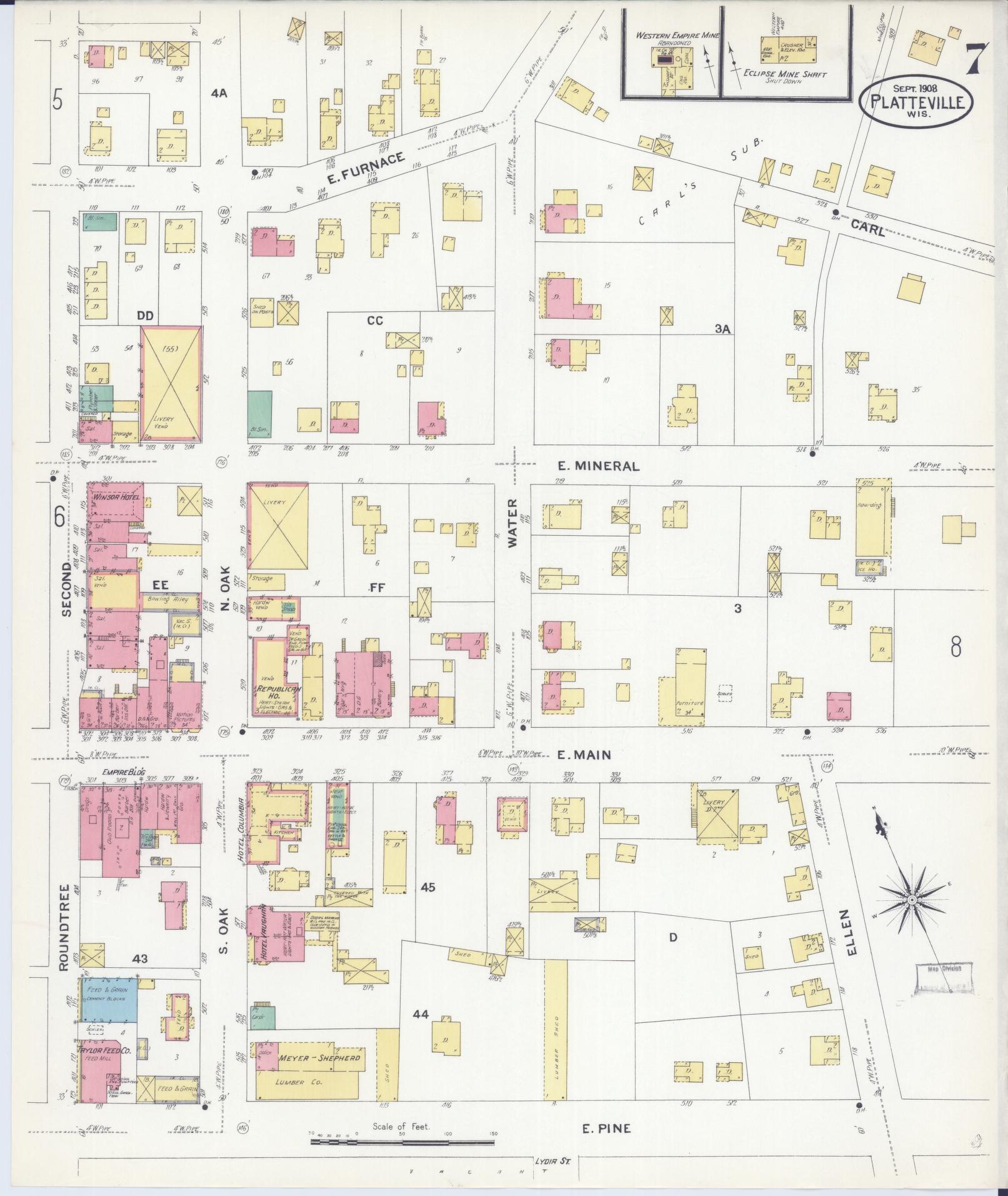 Sanborn Fire Insurance Map from Platteville, Grant County, Wisconsin (1908), Sheet #0007 - Complete Map Set gallery image, historic Sanborn map, vintage wall art, Wisconsin Wisconsin