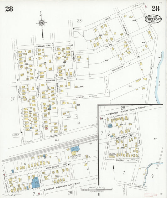 Sanborn Fire Insurance Map from Freeport, Nassau County, New York (1928), Sheet #0028 - Historic Sanborn Fire Insurance Map Print, vintage old map wall art, antique decor, genealogy gift, New York New York map