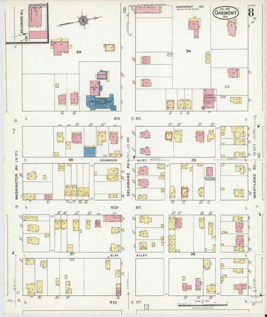 Sanborn Fire Insurance Map from Oakmont, Allegheny County, Pennsylvania (1921), Sheet #0008 - Historic Sanborn Fire Insurance Map Print, vintage old map wall art, antique decor, genealogy gift, Pennsylvania Pennsylvania map