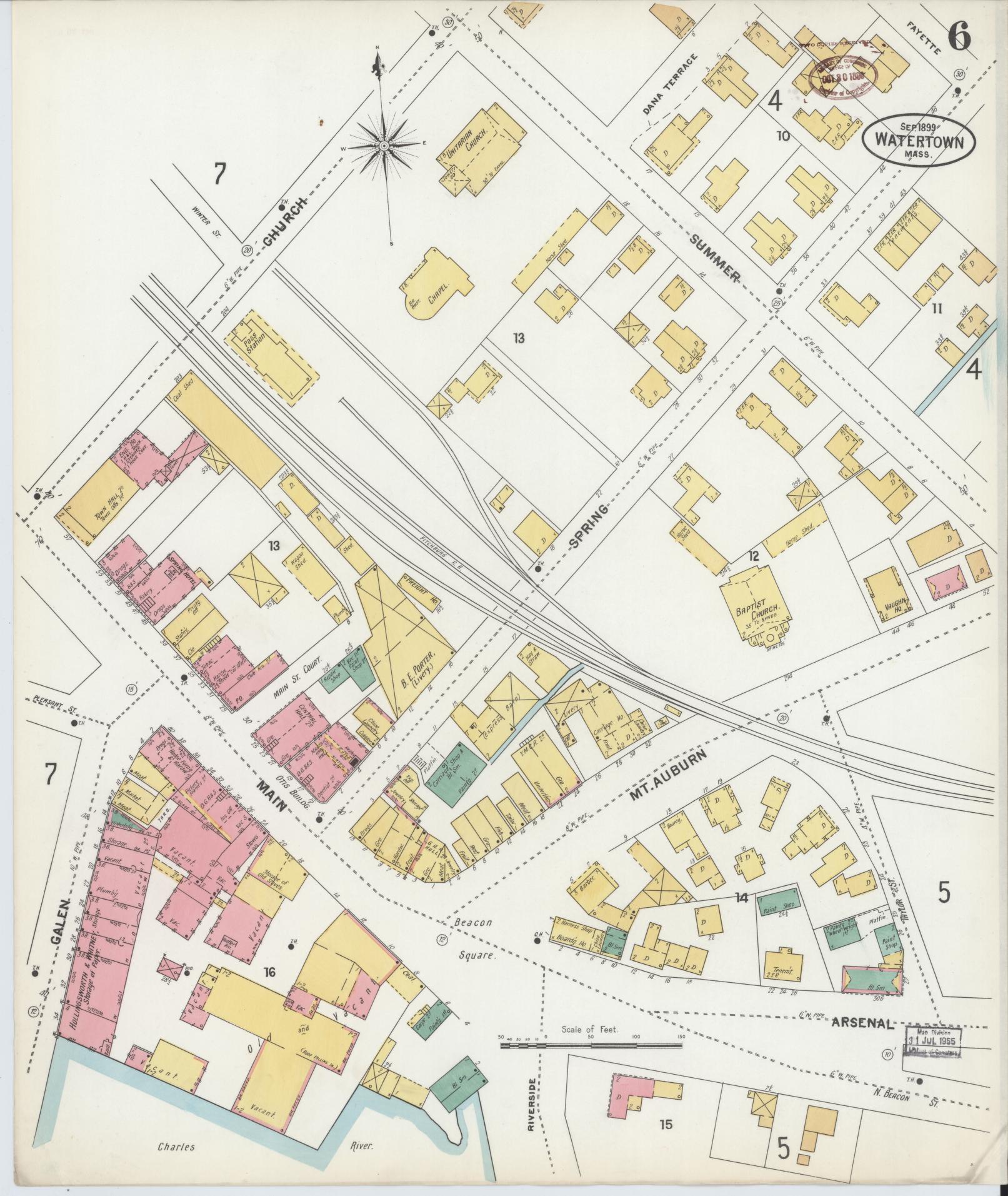 Sanborn Fire Insurance Map from Watertown, Middlesex County, Massachusetts (1899), Sheet #0006 - Historic Sanborn Fire Insurance Map Print, vintage old map wall art, antique decor, genealogy gift, Massachusetts Massachusetts map