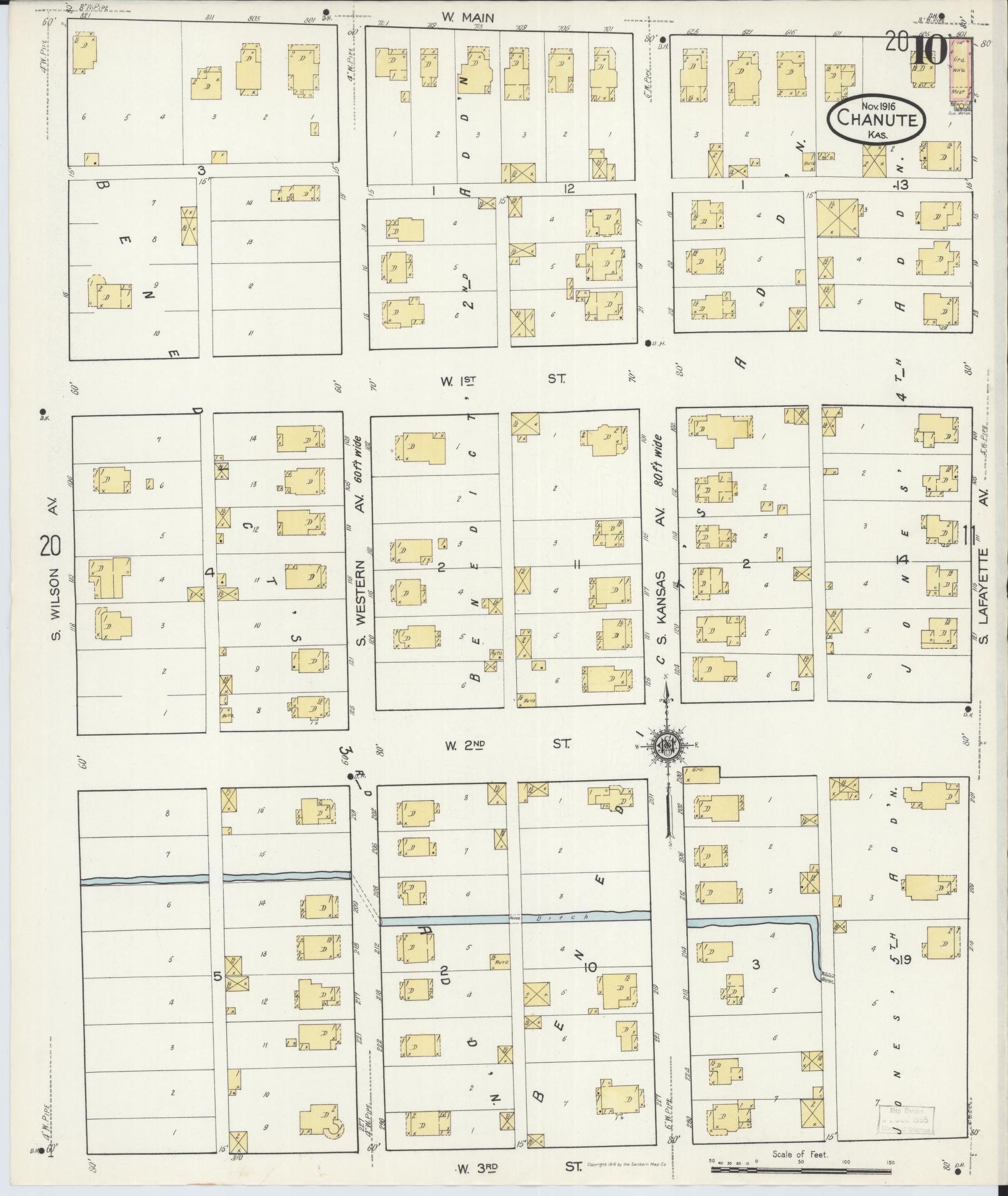 Sanborn Fire Insurance Map from Chanute, Neosho County, Kansas (1916), Sheet #0010 - Complete Map Set gallery image, historic Sanborn map, vintage wall art, Kansas Kansas