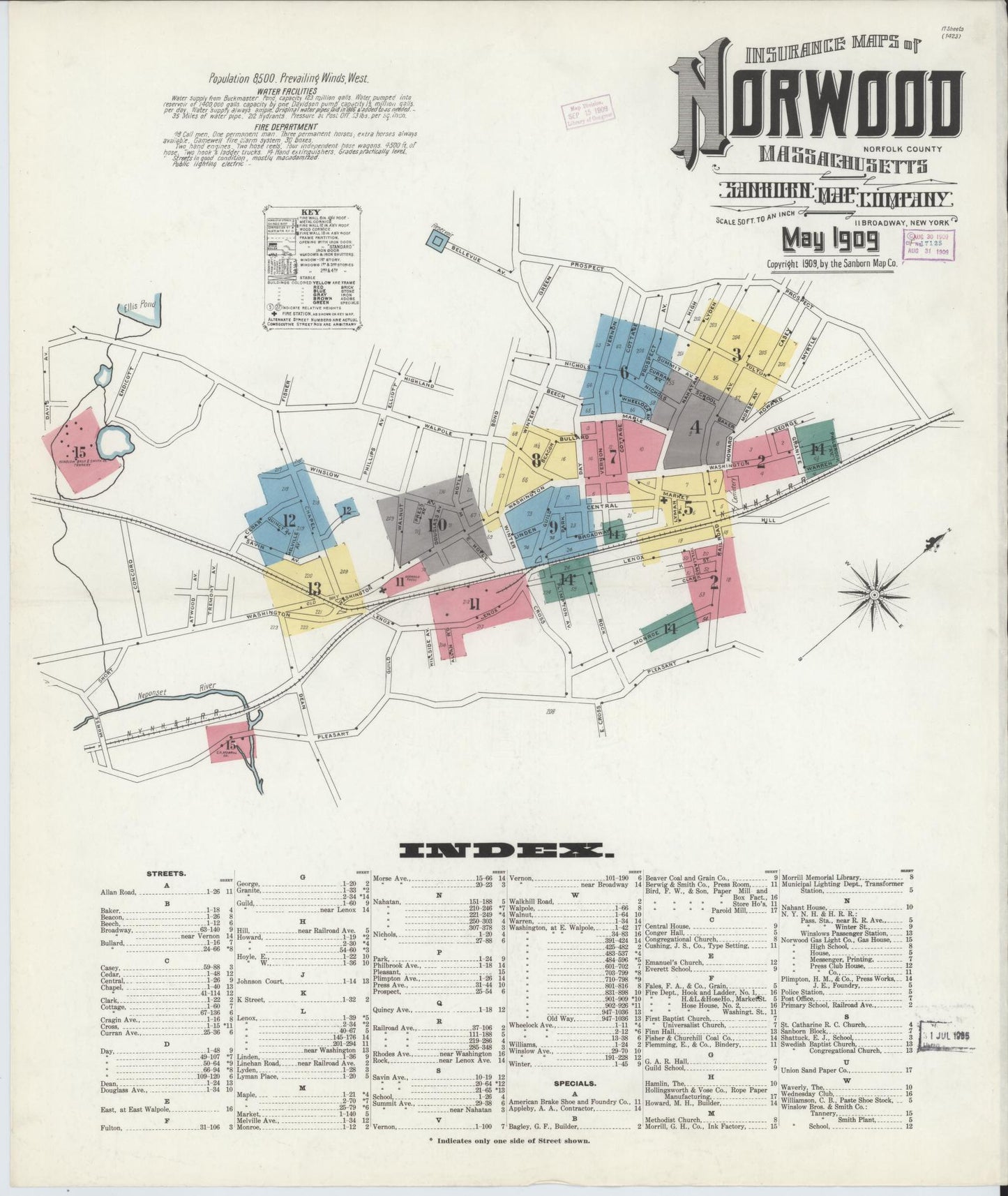 Sanborn Fire Insurance Map from Norwood, Norfolk County, Massachusetts (1909), Sheet #0001 - Complete Map Set gallery image, historic Sanborn map, vintage wall art, Massachusetts Massachusetts