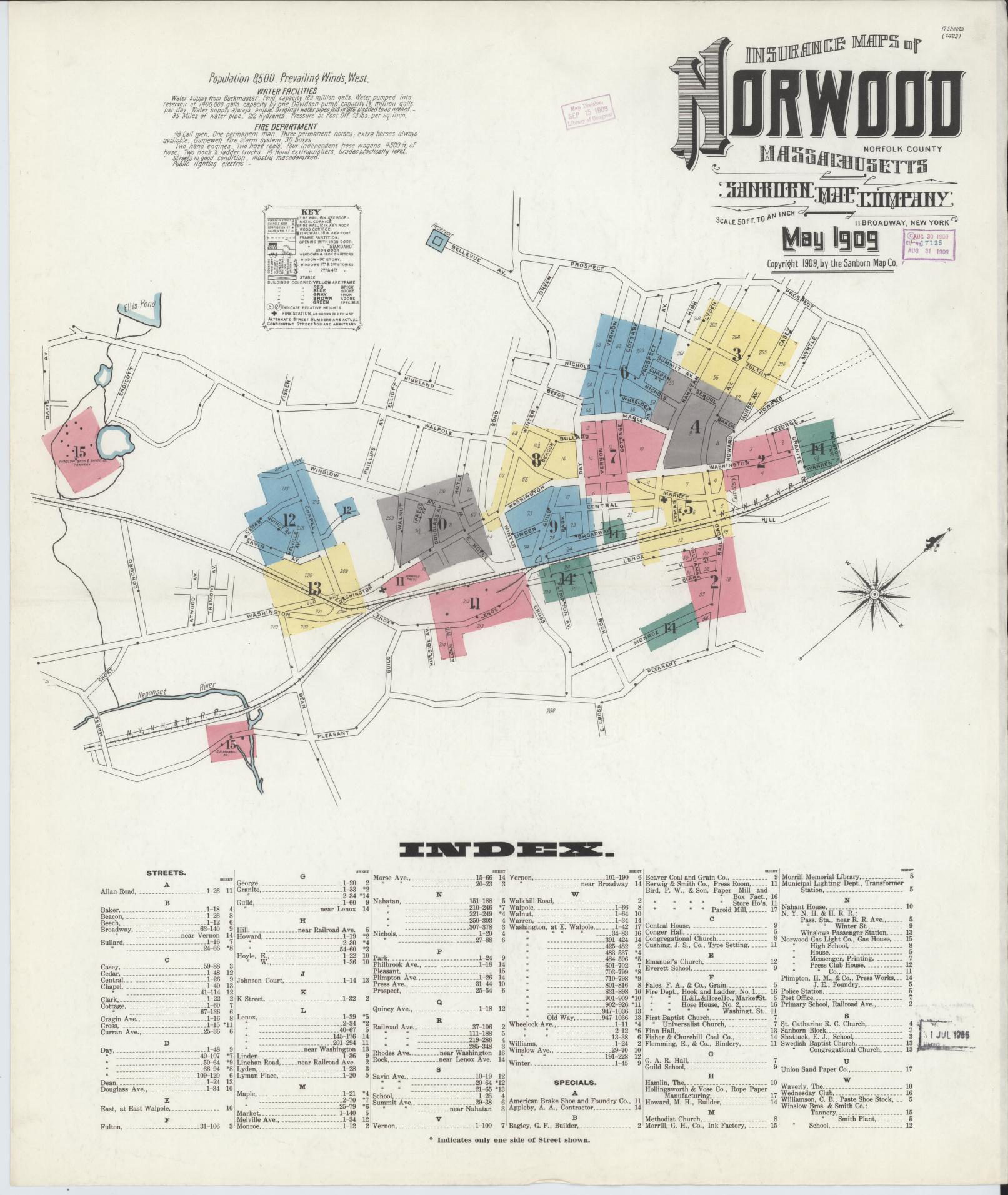 Sanborn Fire Insurance Map from Norwood, Norfolk County, Massachusetts (1909), Sheet #0001 - Complete Map Set gallery image, historic Sanborn map, vintage wall art, Massachusetts Massachusetts