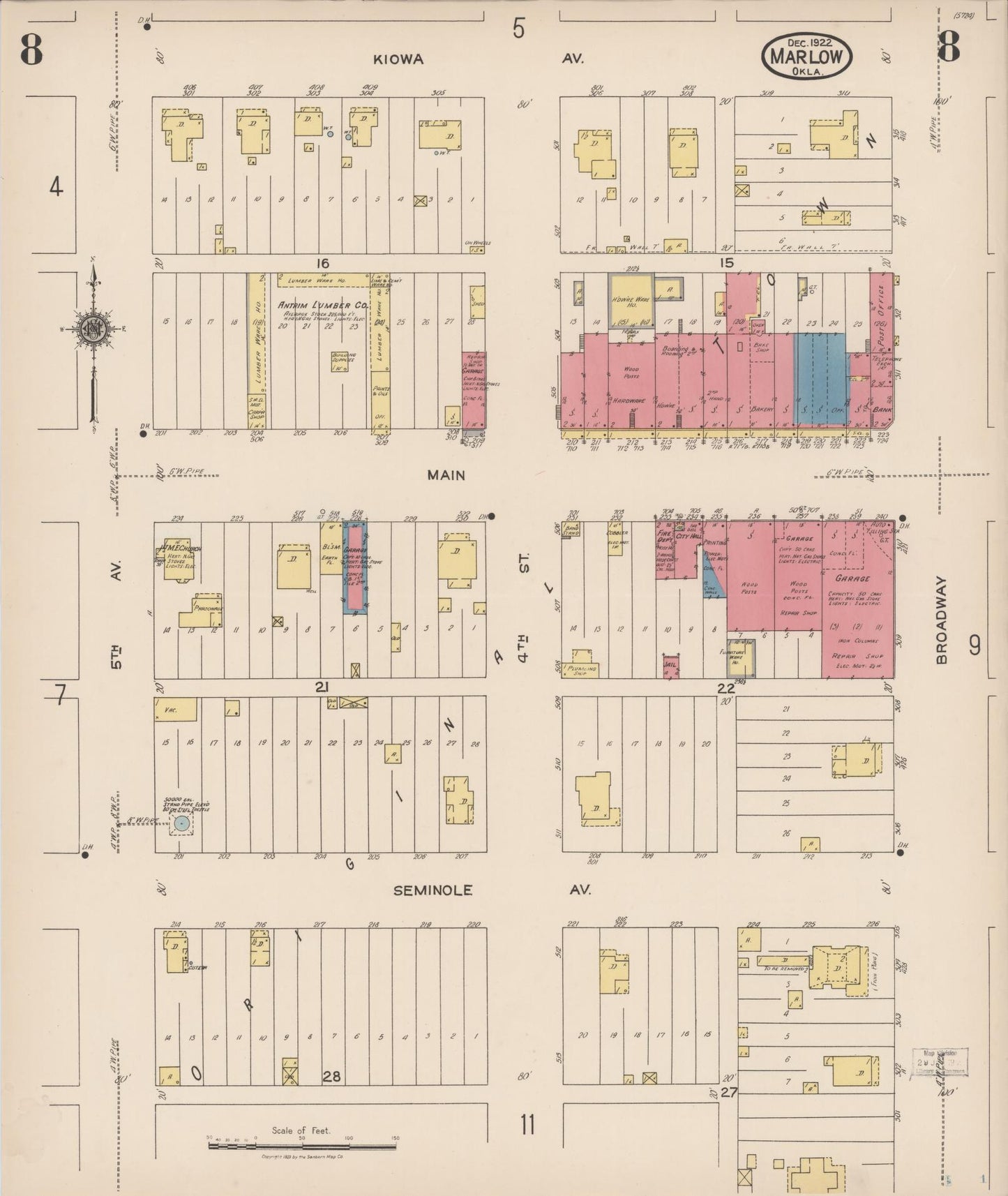 Sanborn Fire Insurance Map from Marlow, Stephens County, Oklahoma (1922), Sheet #0008 - Historic Sanborn Fire Insurance Map Print, vintage old map wall art, antique decor, genealogy gift, Oklahoma Oklahoma map