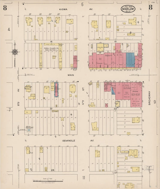 Sanborn Fire Insurance Map from Marlow, Stephens County, Oklahoma (1922), Sheet #0008 - Historic Sanborn Fire Insurance Map Print, vintage old map wall art, antique decor, genealogy gift, Oklahoma Oklahoma map