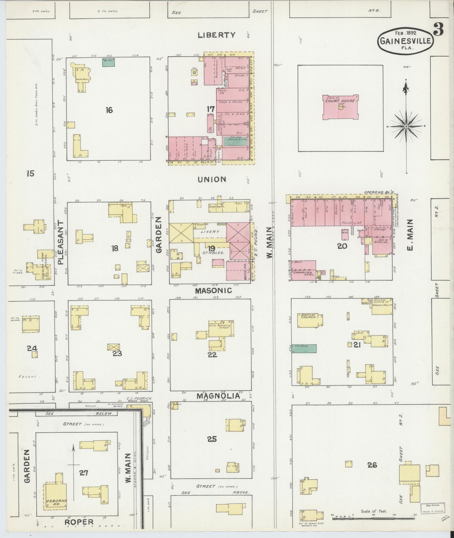 Sanborn Fire Insurance Map from Gainesville, Alachua County, Florida (1892), Sheet #0003 - Complete Map Set gallery image, historic Sanborn map, vintage wall art, Florida Florida