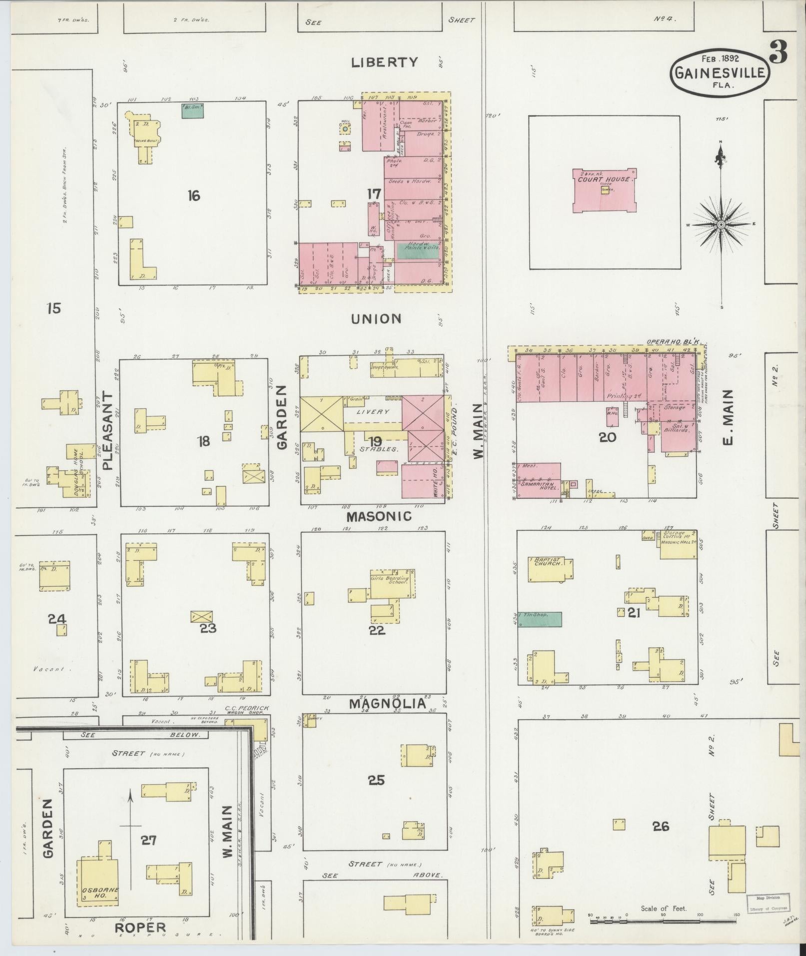 Sanborn Fire Insurance Map from Gainesville, Alachua County, Florida (1892), Sheet #0003 - Complete Map Set gallery image, historic Sanborn map, vintage wall art, Florida Florida