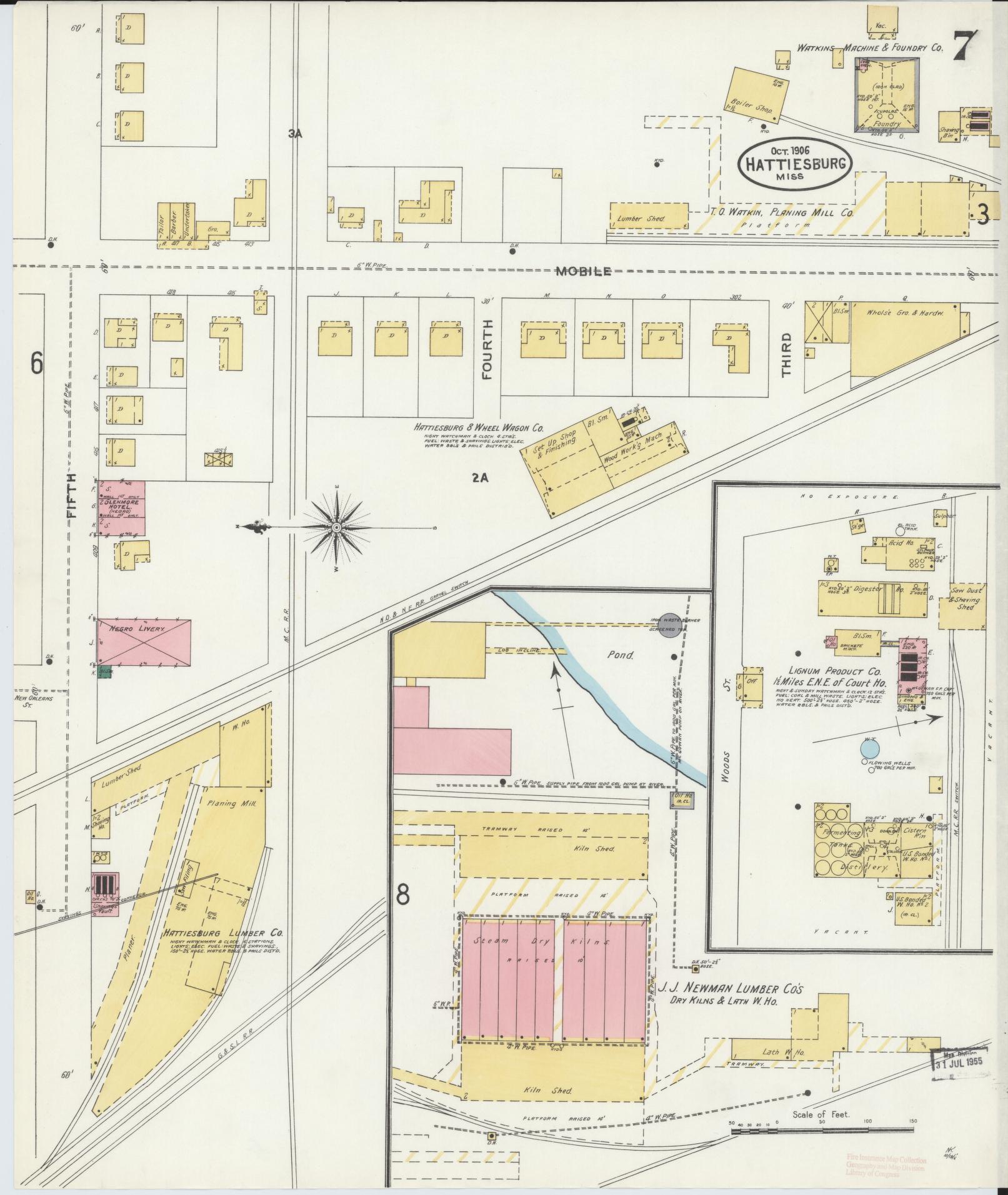 Sanborn Fire Insurance Map from Hattiesburg, Forrest County, Mississippi (1906), Sheet #0007 - Complete Map Set gallery image, historic Sanborn map, vintage wall art, Mississippi Mississippi
