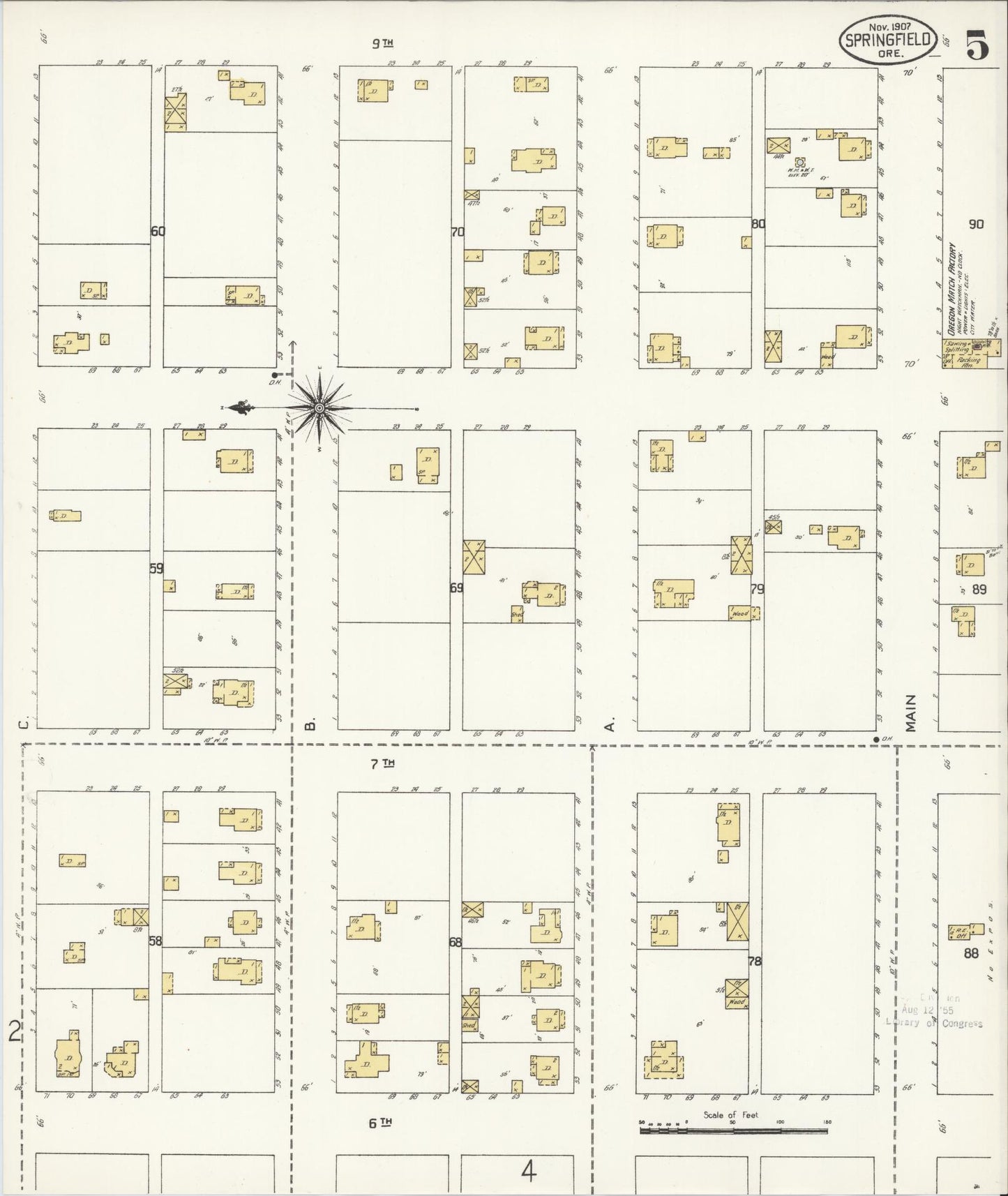Sanborn Fire Insurance Map from Springfield, Lane County, Oregon (1907), Sheet #0005 - Historic Sanborn Fire Insurance Map Print, vintage old map wall art, antique decor, genealogy gift, Oregon Oregon map