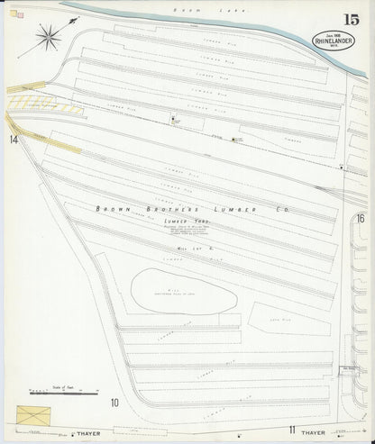 Sanborn Fire Insurance Map from Rhinelander, Oneida County, Wisconsin (1908), Sheet #0015 - Historic Sanborn Fire Insurance Map Print, vintage old map wall art, antique decor, genealogy gift, Wisconsin Wisconsin map