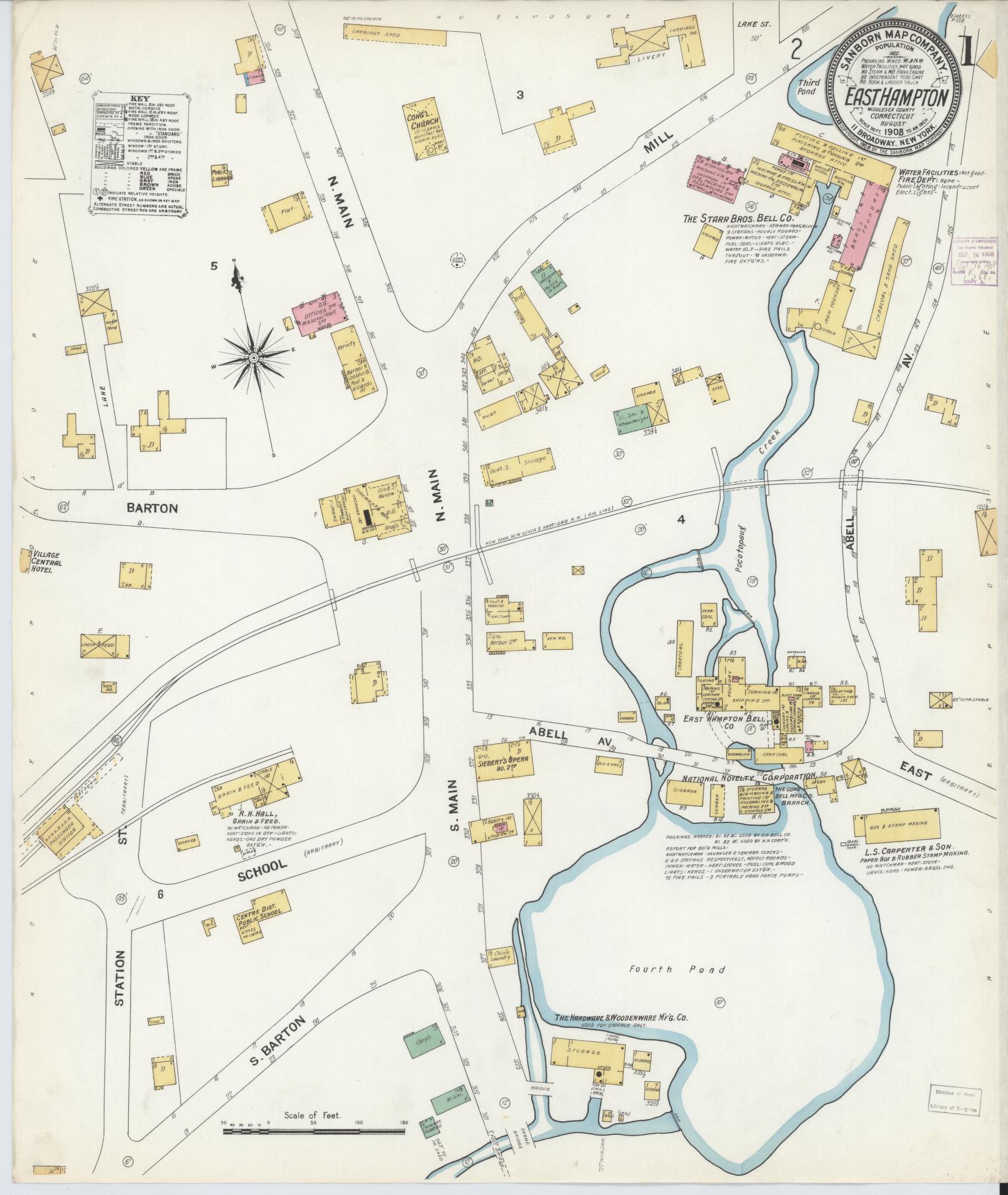 Sanborn Fire Insurance Map from East Hampton, Middlesex County, Connecticut (1908), Sheet #0001 - Historic Sanborn Fire Insurance Map Print, vintage old map wall art, antique decor, genealogy gift, Connecticut Connecticut map