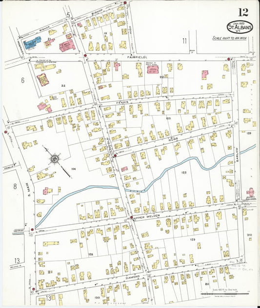 Sanborn Fire Insurance Map from Saint Albans, Franklin County, Vermont (1920), Sheet #0012 - Historic Sanborn Fire Insurance Map Print, vintage old map wall art, antique decor, genealogy gift, Vermont Vermont map