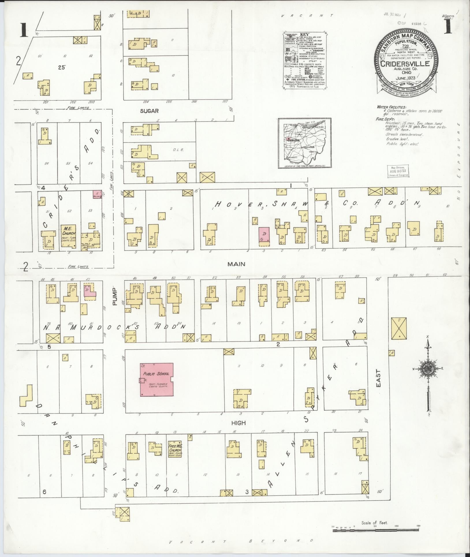 Sanborn Fire Insurance Map from Cridersville, Auglaize County, Ohio (1923), Sheet #0001 - Historic Sanborn Fire Insurance Map Print, vintage old map wall art, antique decor, genealogy gift, Ohio Ohio map