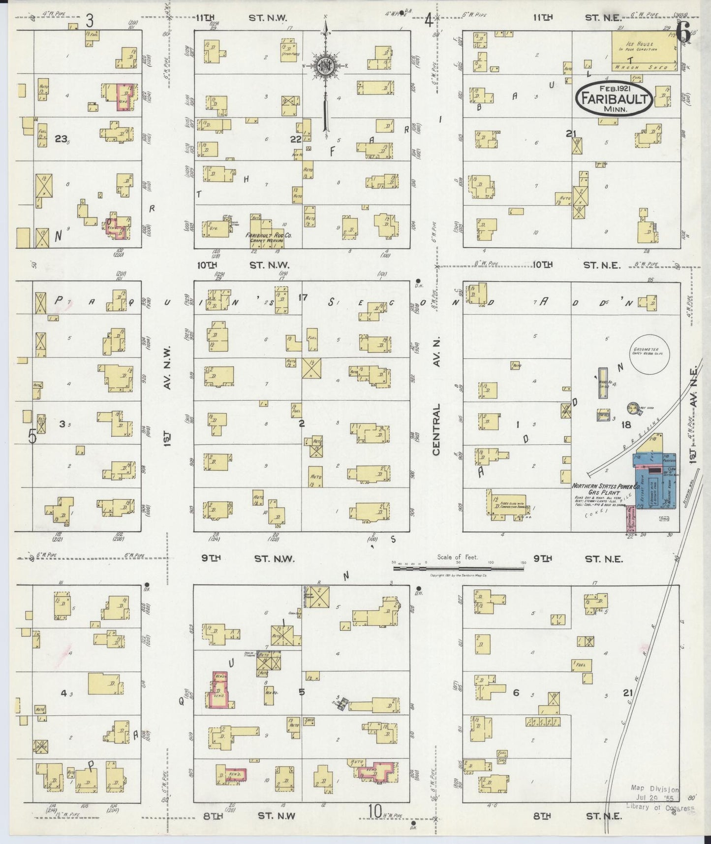 Sanborn Fire Insurance Map from Faribault, Rice County, Minnesota (1921), Sheet #0006 - Complete Map Set gallery image, historic Sanborn map, vintage wall art, Minnesota Minnesota