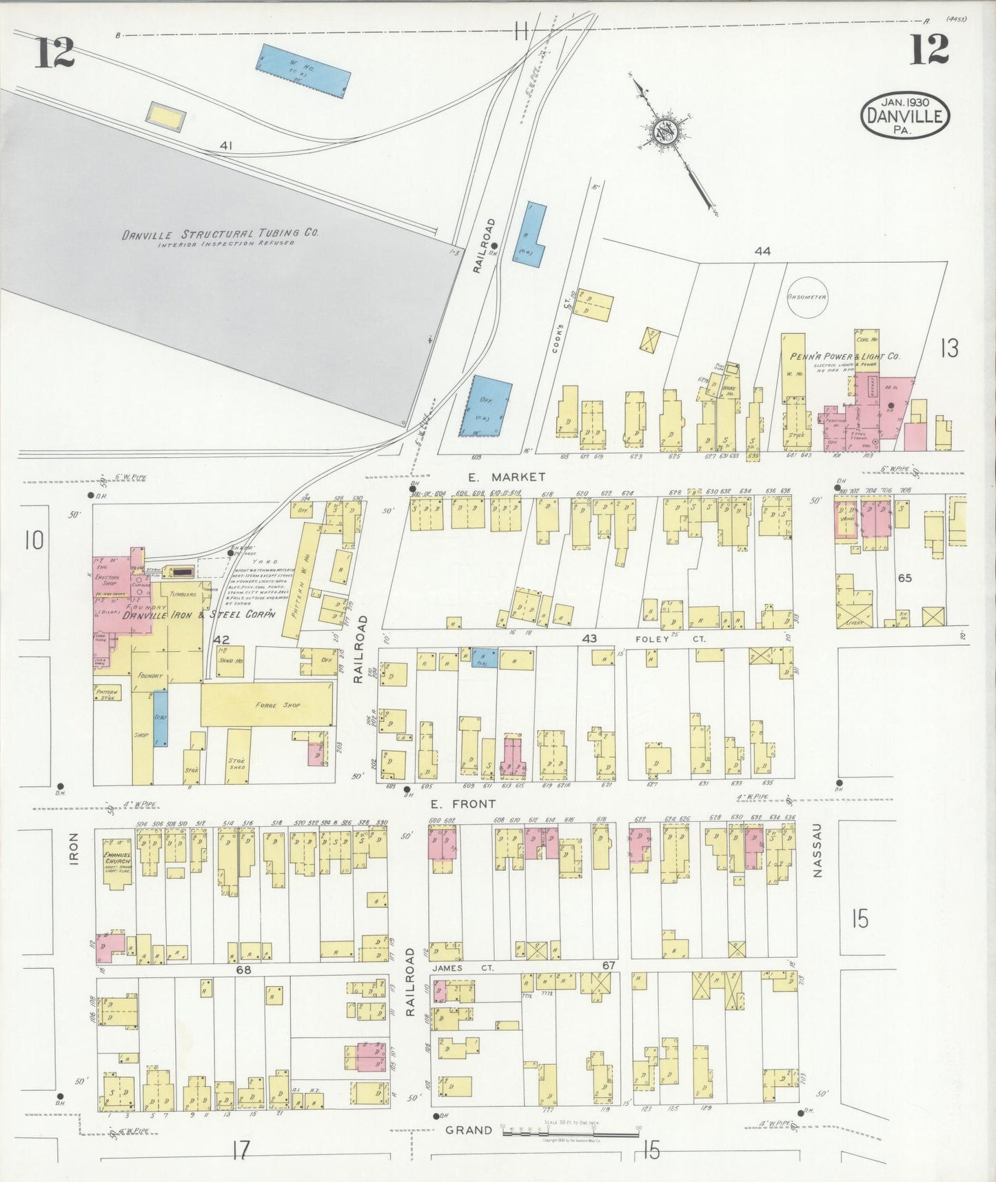 Sanborn Fire Insurance Map from Danville, Montour County, Pennsylvania (1930), Sheet #0012 - Historic Sanborn Fire Insurance Map Print, vintage old map wall art, antique decor, genealogy gift, Pennsylvania Pennsylvania map