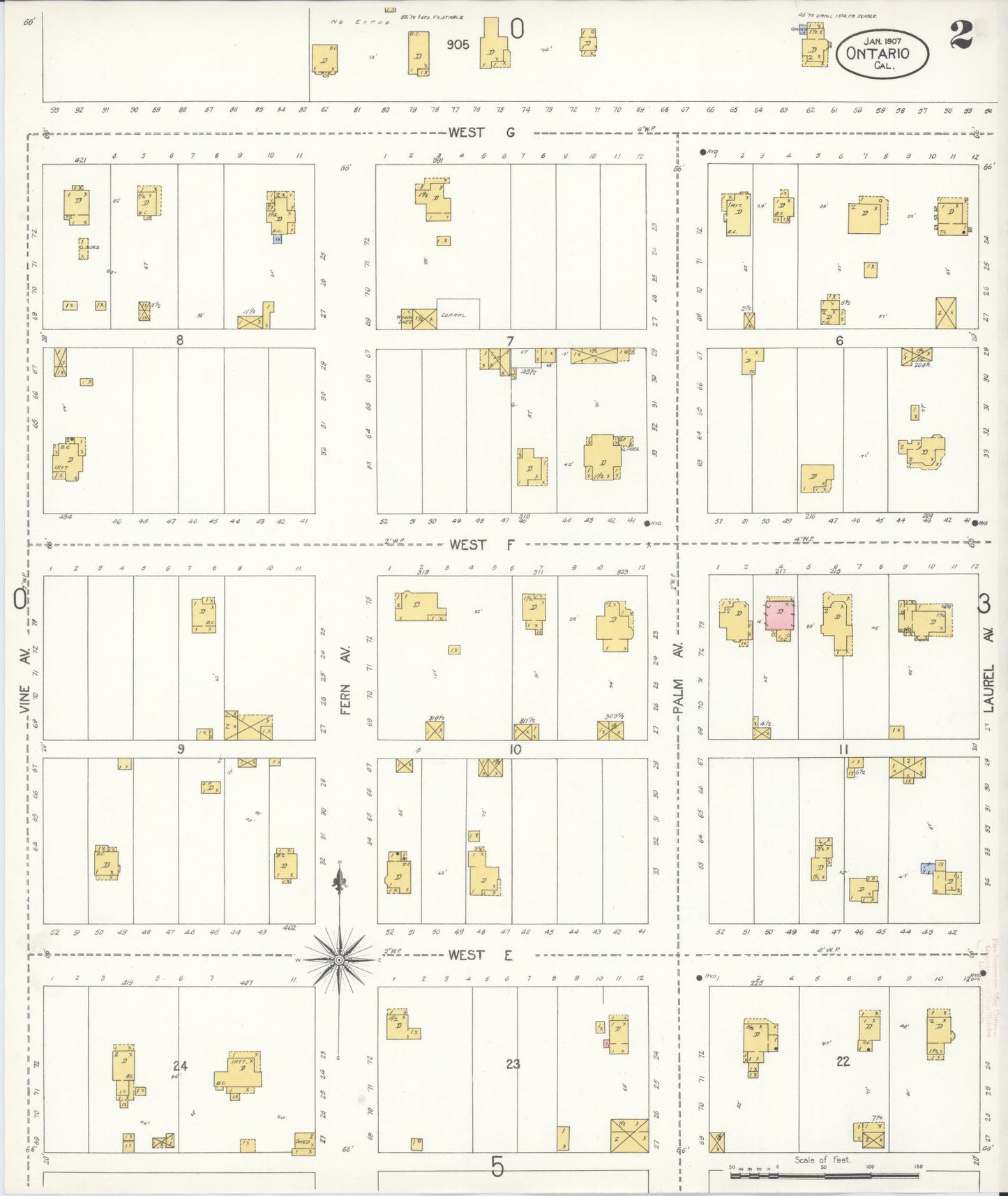 Sanborn Fire Insurance Map from Ontario, San Bernardino County, California (1907), Sheet #0002 - Complete Map Set gallery image, historic Sanborn map, vintage wall art, California California